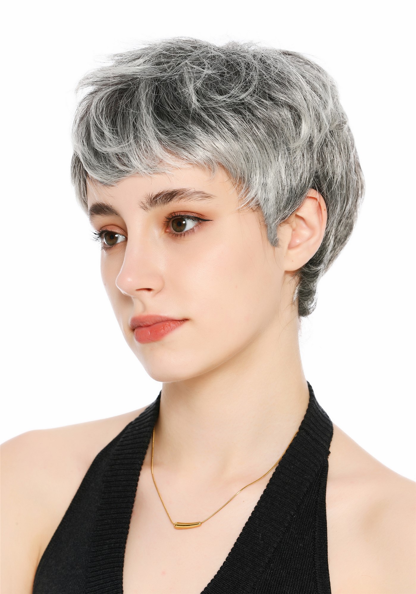 Perücke Damen Herren unisex kurz leicht gewellt dunkelgrau grau meliert VK-66-4T60