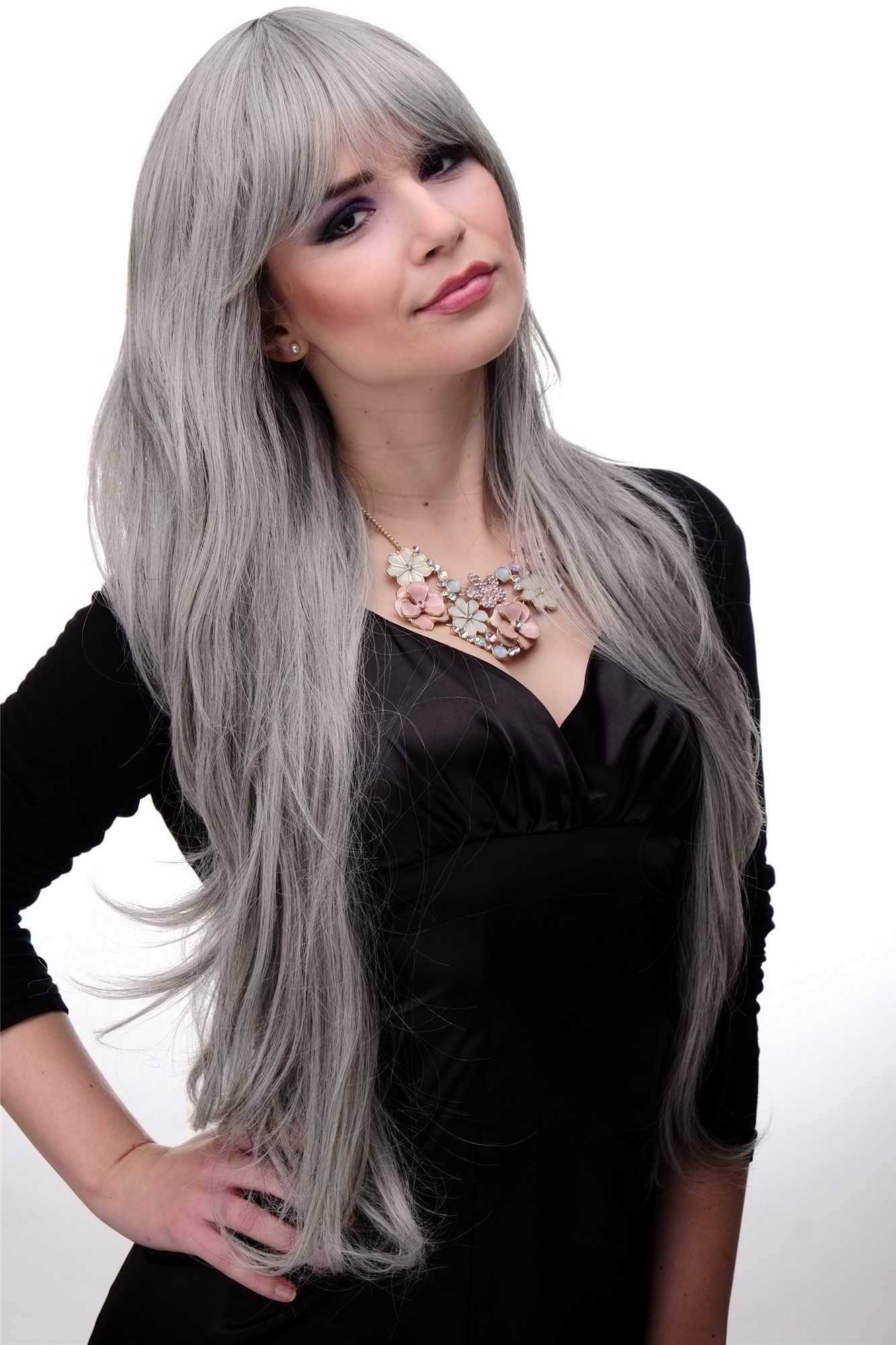 hochwertige Qualitätsperücken, Lange natürliche Damen Perücke gewellt Grau Hellgrau-Mix 6311-51, Ansicht 5, WIG ME UP: Ihr Perücken Online Shop wellige Tressen-Perücke mit Kopfhaut-Imitat Grau sehr lange Haare für Damen