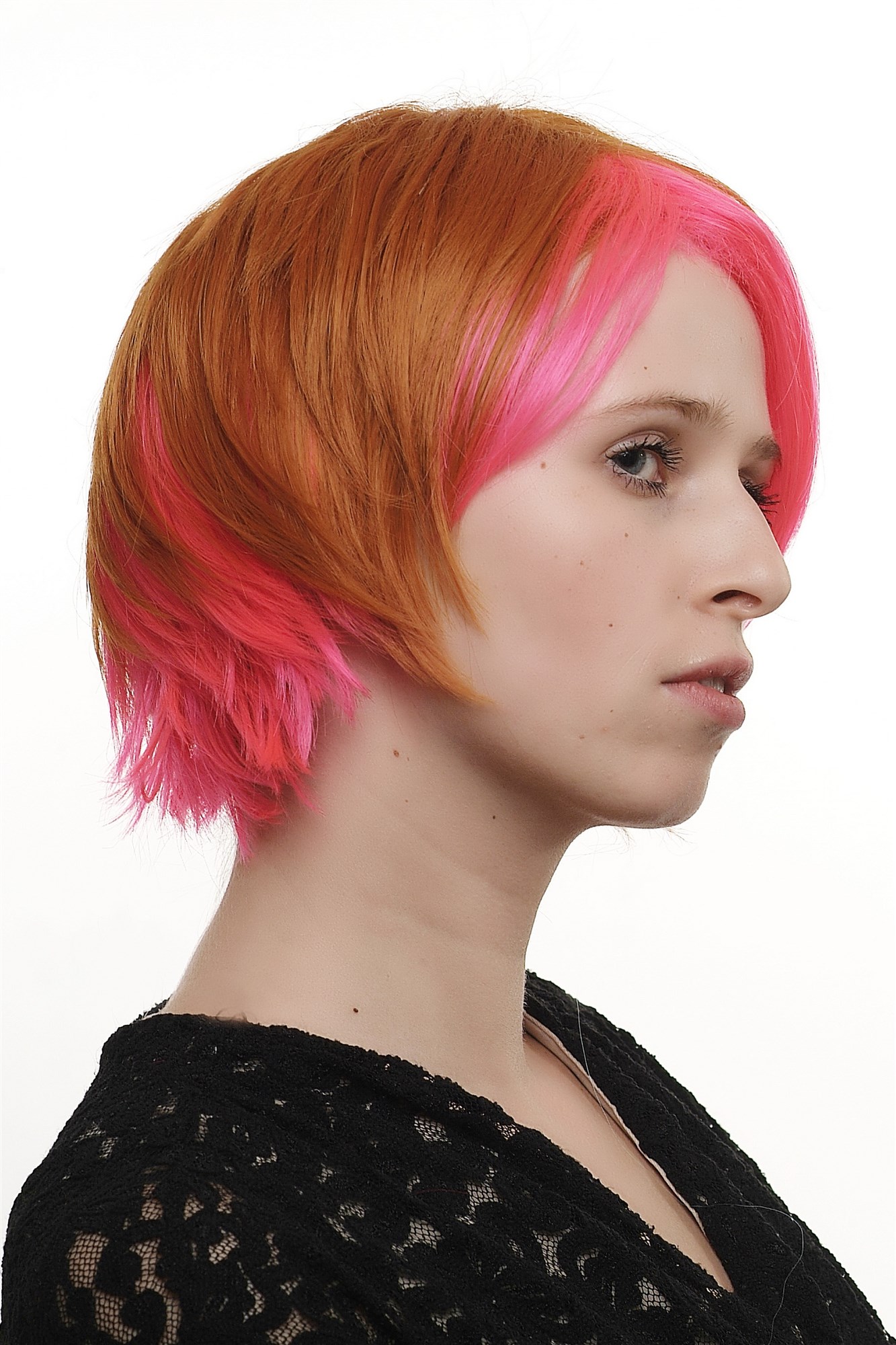 hochwertige Qualitätsperücken, Perücke asymmetrischer gemischtes Rot SA045 Punk Cosplay, Ansicht 5, WIG ME UP: Ihr Perücken Online Shop glatte Tressen-Perücke Rosa-Rot/Orange-Mix kurze Haare für Damen