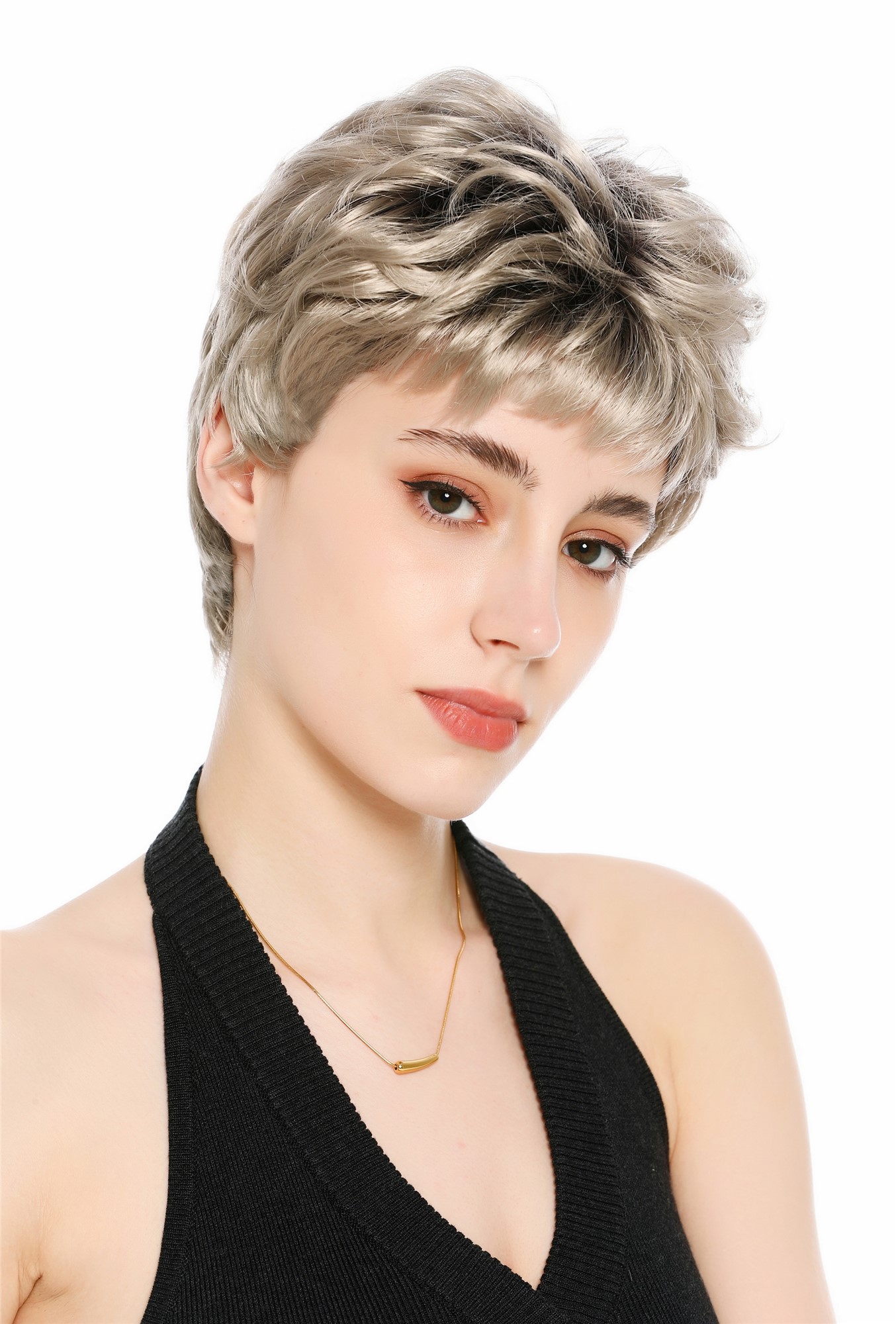 Perücke Damen Herren Frauen kurz androgyn burschikos wellig braun aschblond VK-60-F101YS4
