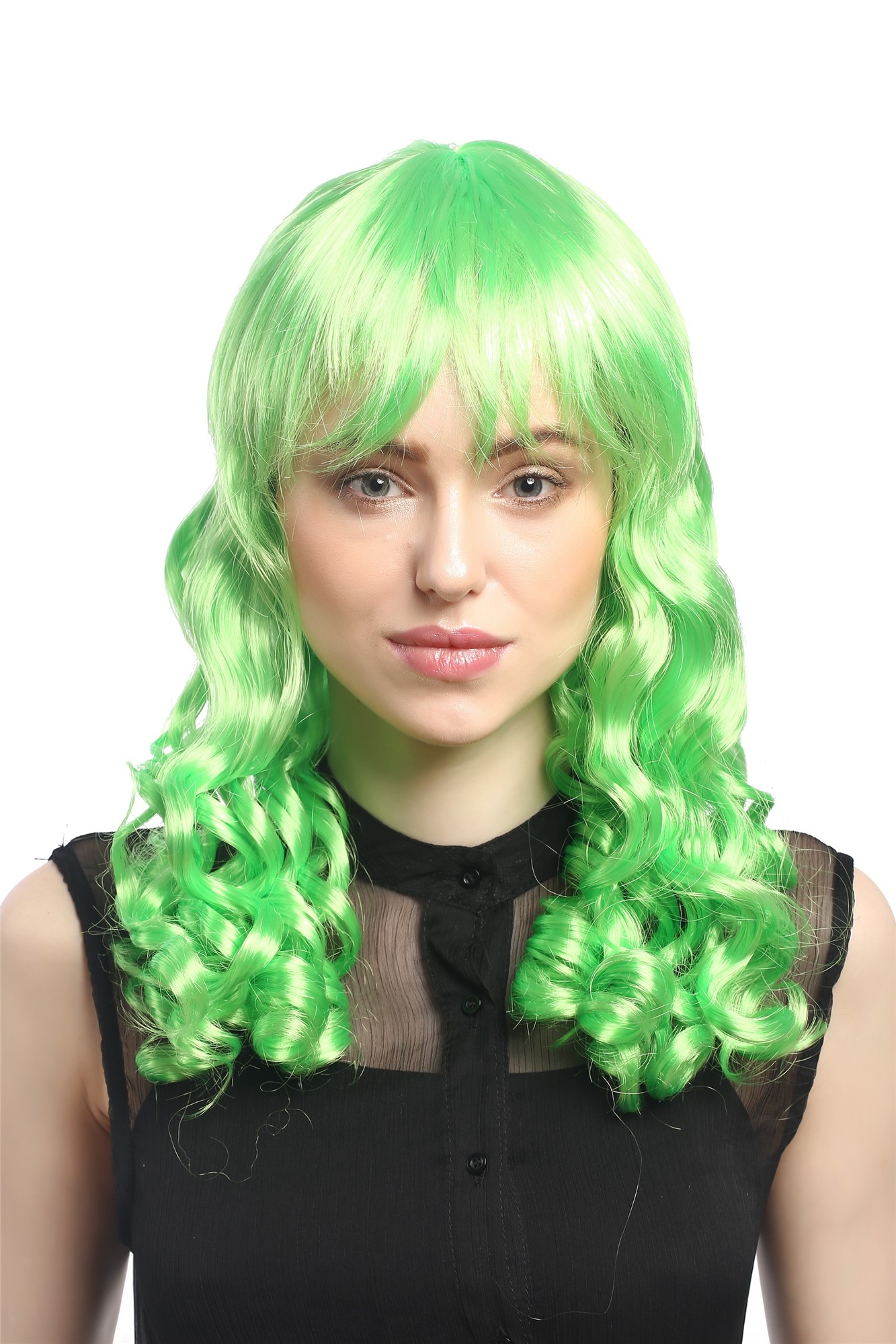 Lady Party Wig Halloween Gothic Lolita long baroque colonial romantic corkscrew curls coils green, front view, WIG ME UP: Your Perücken Online Shop Party Wig, Ladies, light green, curled, long
