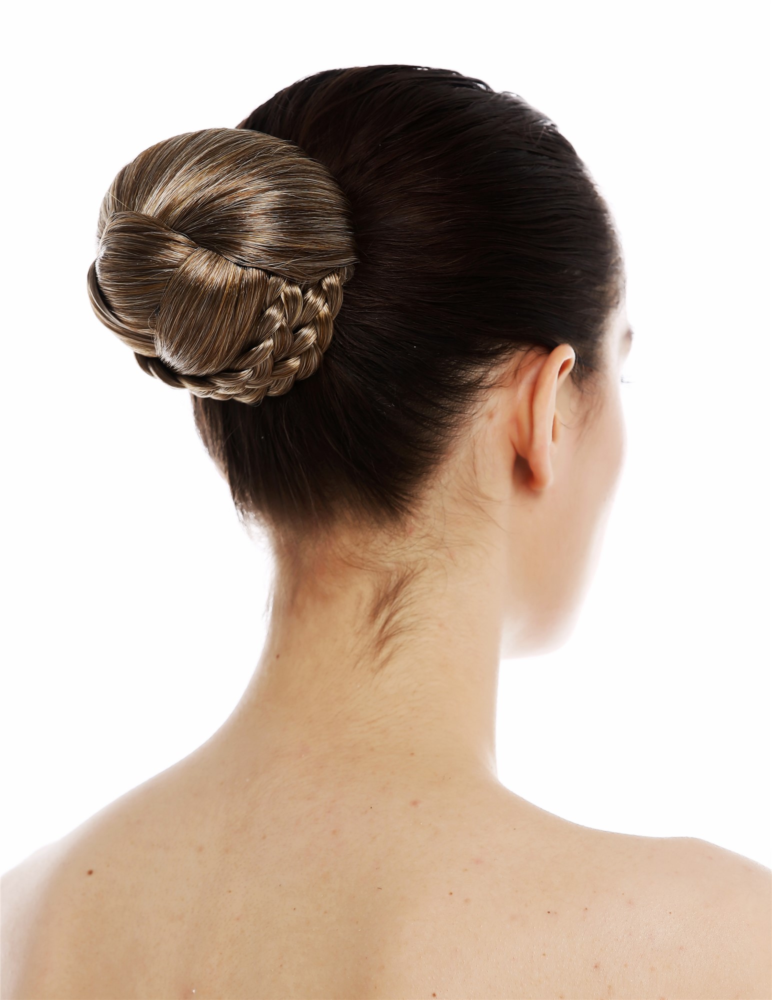 Dutt Haardutt Chignon traditionell geflochten Braun Blond gesträhnt TYP-0062-CHOCO, Vorderansicht, WIG ME UP: Ihr Perücken Online Shop geflochtener Dutt Haarteil Braun-Blond-Mix