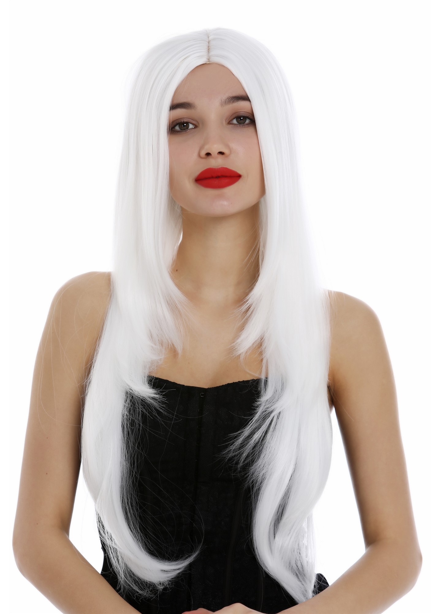 hochwertige Qualitätsperücken, Perücke sehr lang glatt gestuft Mittelscheitel Weiß 3217-1001, Vorderansicht, WIG ME UP: Ihr Perücken Online Shop glatte Tressen-Perücke mit Kopfhaut-Imitat Blütenweiß sehr lange Haare für Damen