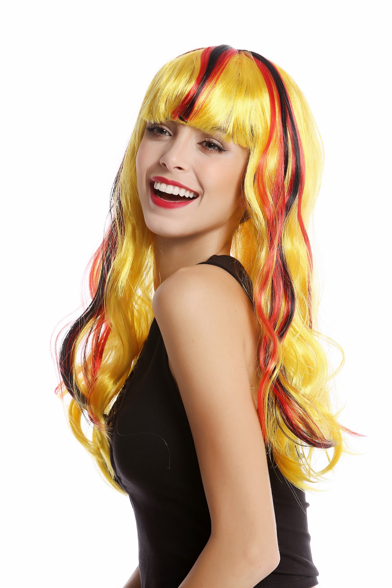 90923 Lady Fan Wig Germany black red yellow long wavy, front view, WIG ME UP: Your Perücken Online Shop Party Wig, Ladies, yellow, red, black, wavy, long