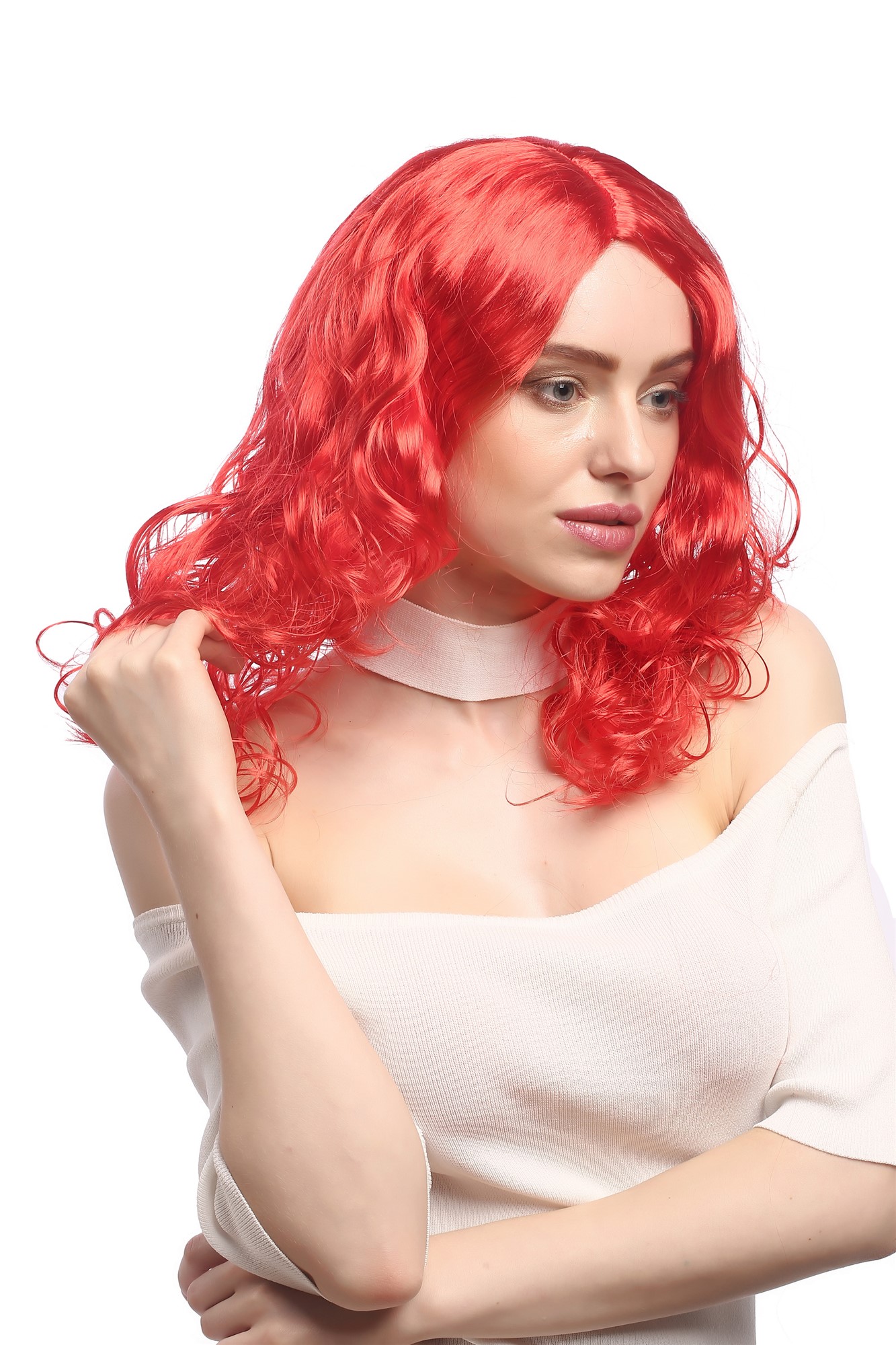 günstige Party Perücke, Perücke Volumen Locken Mittelscheitel Rot XR-010-PC13, Ansicht 2, WIG ME UP: Ihr Perücken Online Shop lockige Party Perücke Knallrot lange Haare für Damen