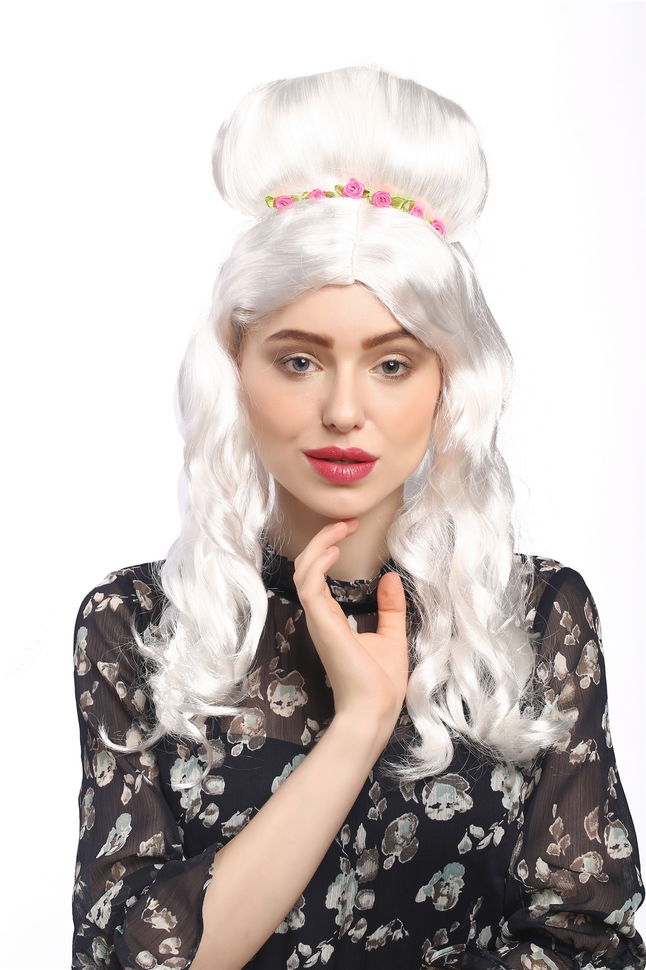 günstige Party Perücke, Perücke Weiß Hochsteckfrisur Blumenspange Barock 31797-P68, Vorderansicht, WIG ME UP: Ihr Perücken Online Shop geflochtene Party Perücke Weiß lange Haare für Damen