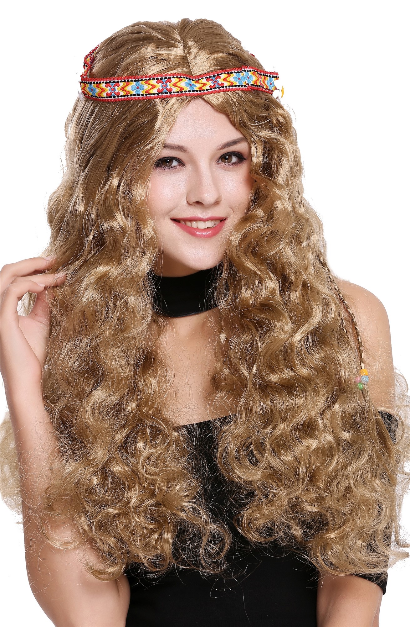 günstige Party Perücke, Perücke Stirnband Hippie lang braun 91298-ZA7, Ansicht 2, WIG ME UP: Ihr Perücken Online Shop wellige Party Perücke Braun lange Haare für Damen
