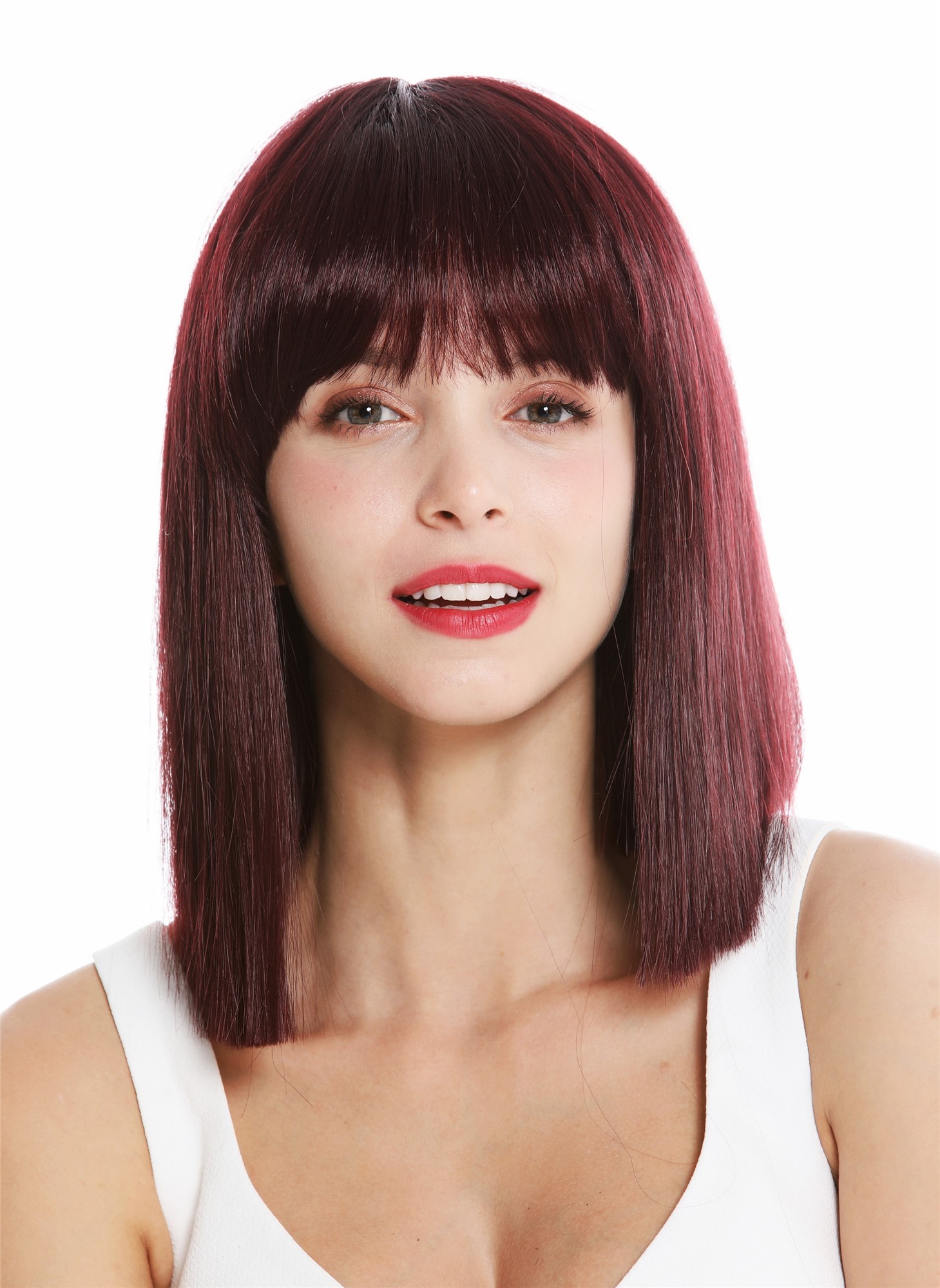 hochwertige Qualitätsperücken, Perücke schulterlang glatt Pony Bordeaux-Rot VK-10-99J, Ansicht 2, WIG ME UP: Ihr Perücken Online Shop glatte Tressen-Perücke mit Kopfhaut-Imitat Auberginerot schulterlange Haare für Damen