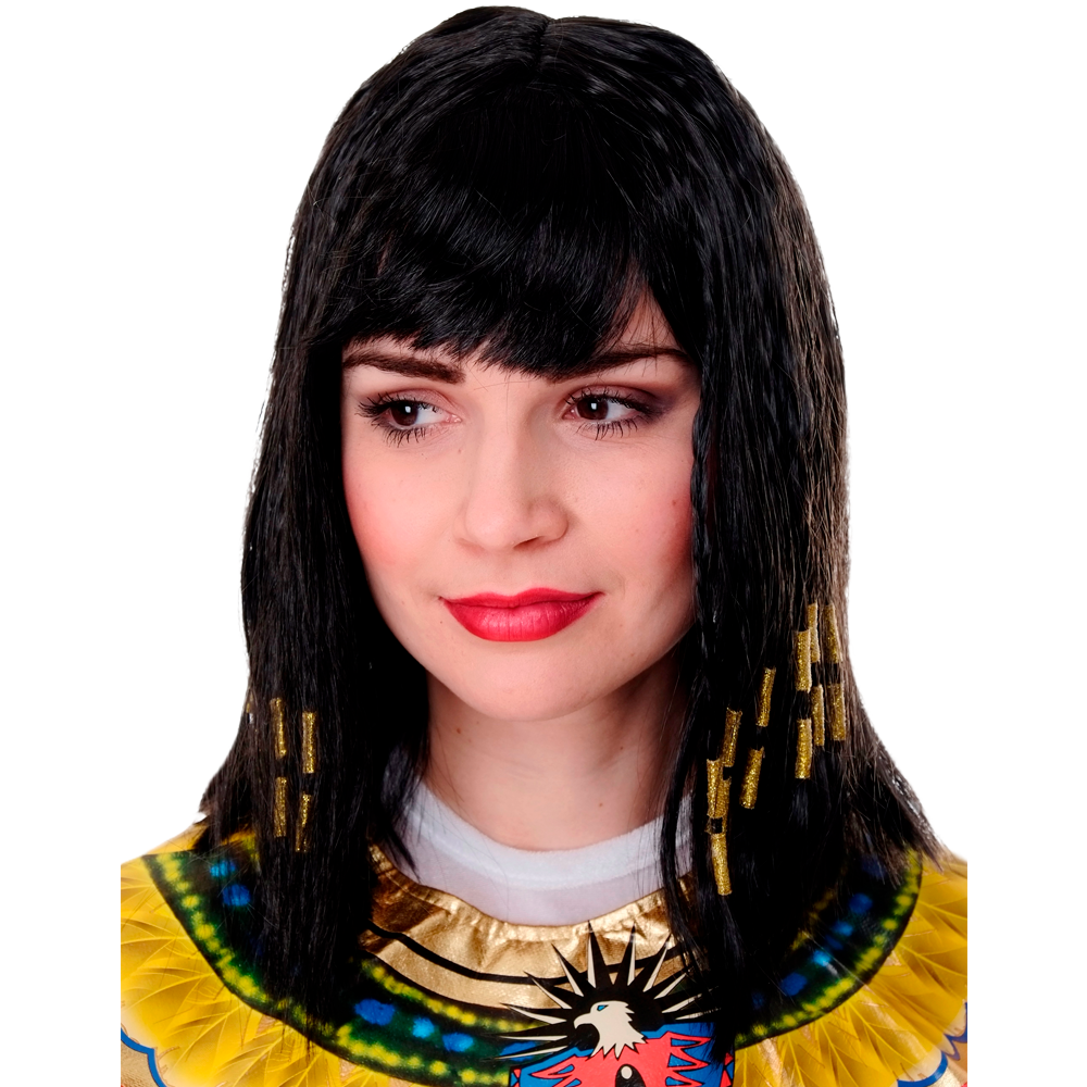 Schwarze Perücke mit einzeln kleinen geflochtenen Haaren, die mit am Ende mit goldenen Bändern umringt sind