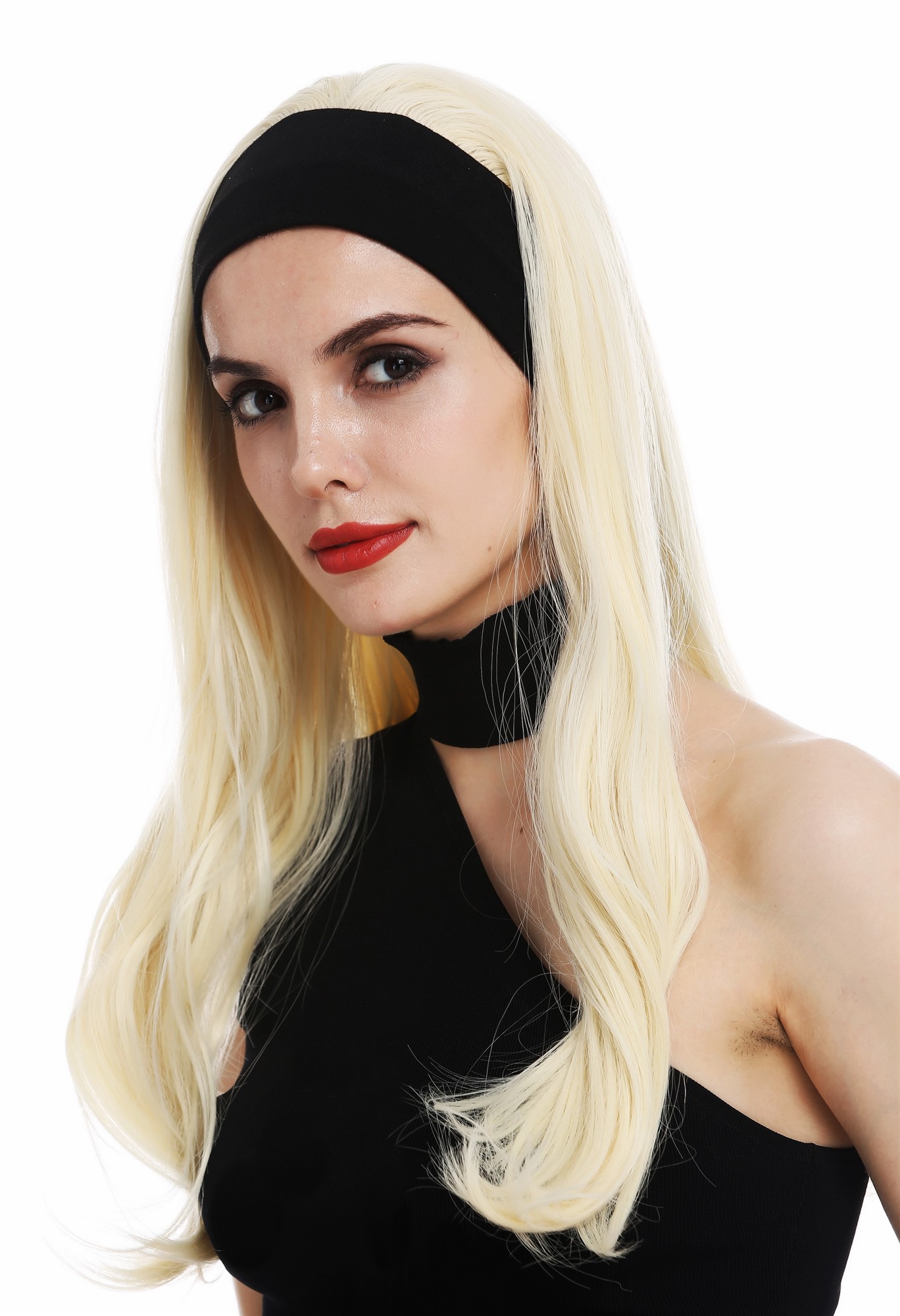 hochwertige Qualitätsperücken, Perücke Stirnband 80er lang glatt Platinblond TYL-586-613, Ansicht 3, WIG ME UP: Ihr Perücken Online Shop glatte Tressen-Perücke mit Gummizug und Stirnband Platinblond lange Haare für Damen