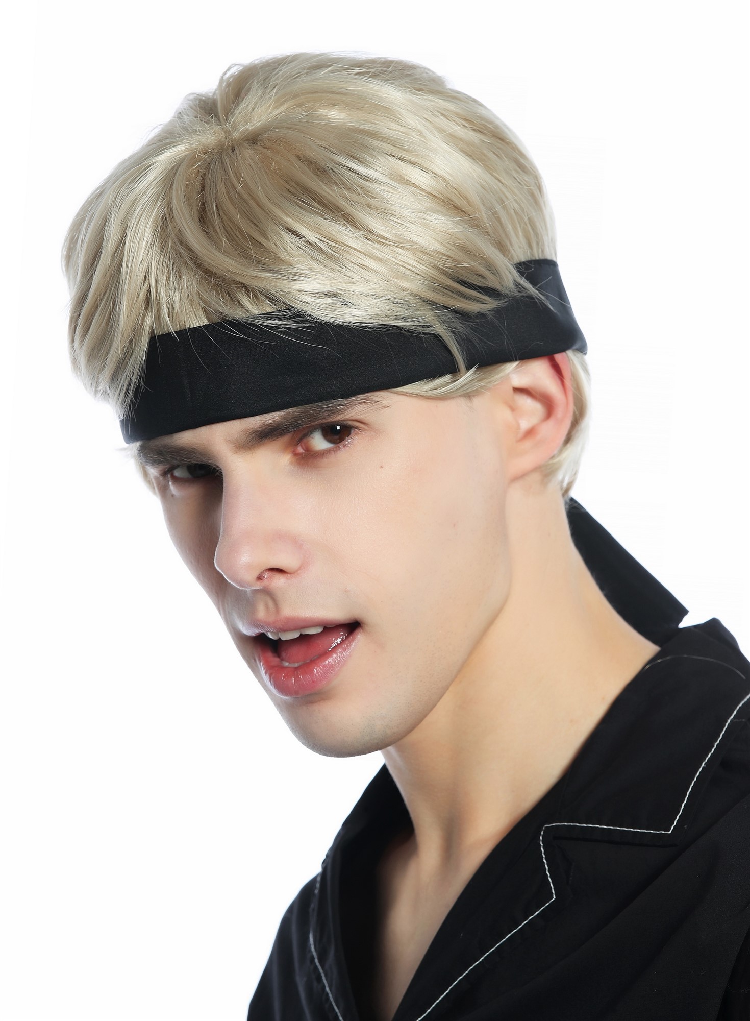 Wig Headband Men Carnival Halloween short blond 80s retro Karate fighter CW-037, front view, WIG ME UP: Your Perücken Online Shop Party Wig, Unisex, beige blonde, straight, short