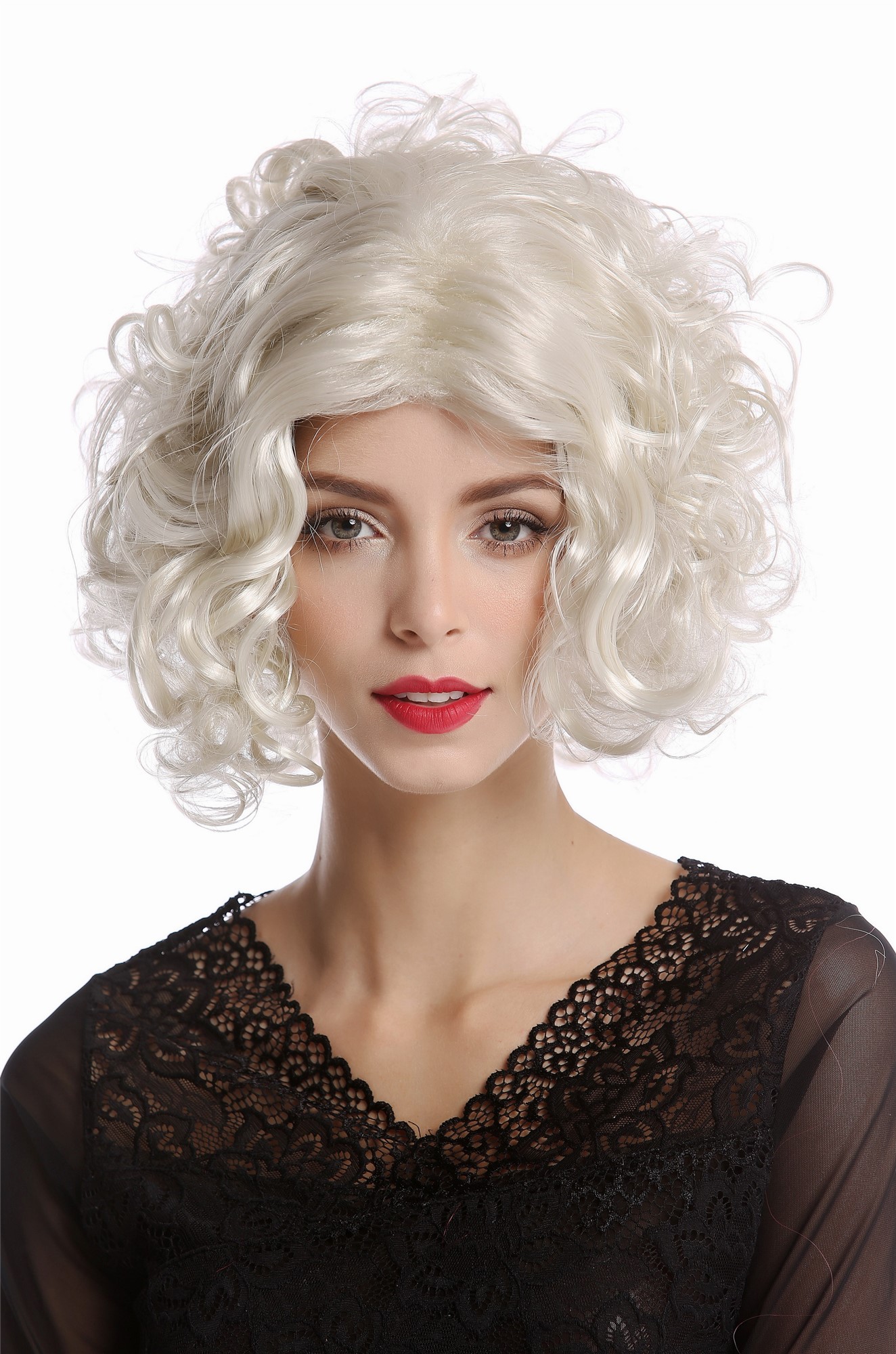 Wig Lady Women Hollywood Diva curly straight middle-parting platinum blonde 1352, front view, WIG ME UP: Your Perücken Online Shop Party Wig, Ladies, Blonde, curled, short