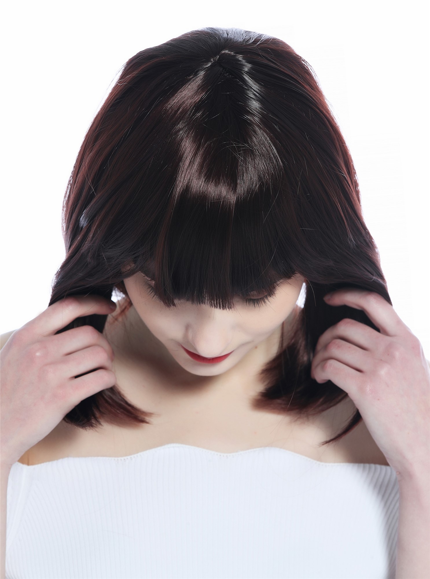 Wig Ladies Women Halloween longbob short bangs smooth mahogany brown CW-052, view 6, WIG ME UP: Your Perücken Online Shop Party Wig, Ladies, Mahogany, straight, shoulder-length