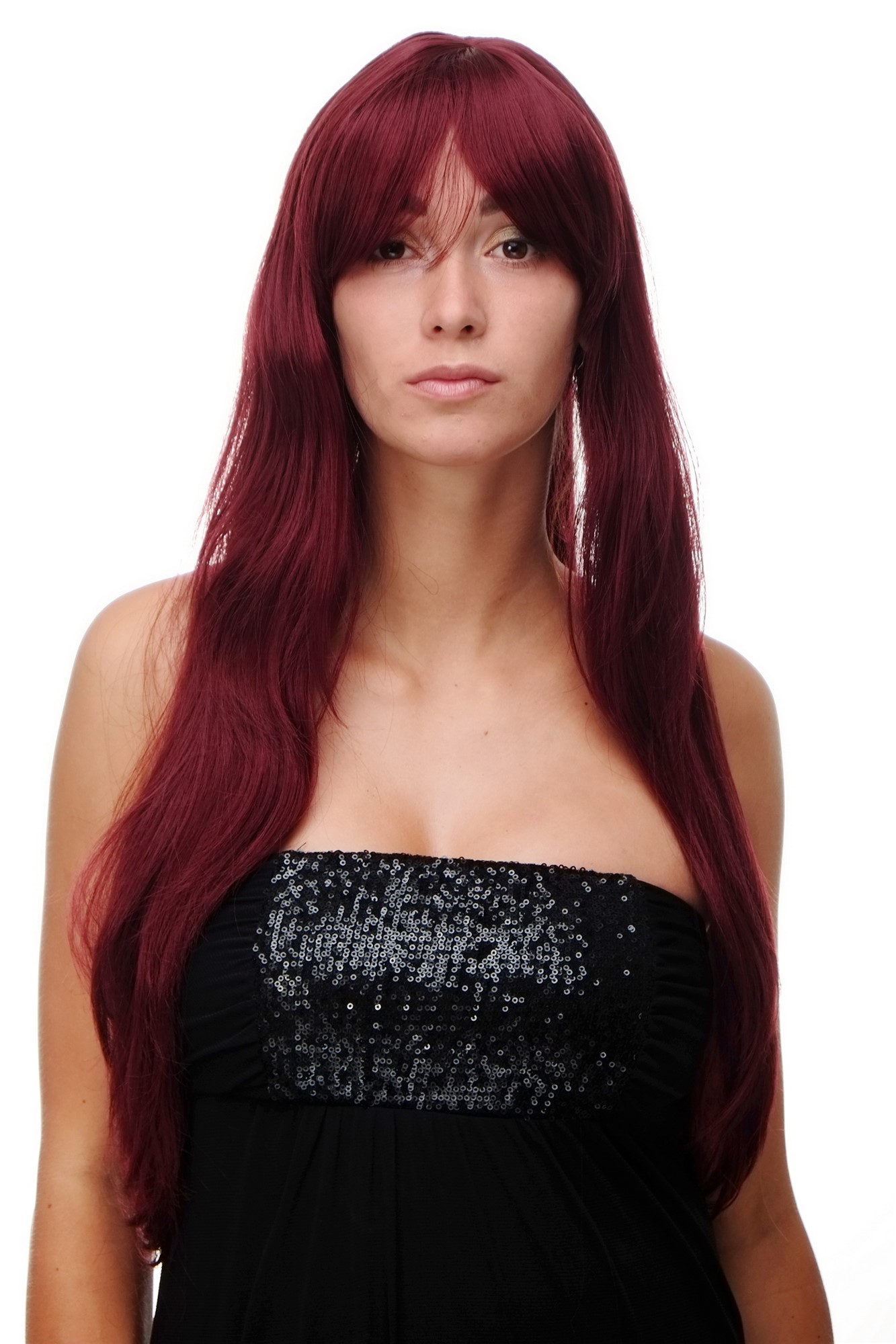 Lady women wig very long fringe part to side straight garnet aubergine red 3111, front view, WIG ME UP: Your Perücken Online Shop Quality Wigs, Ladies, Red, straight, long