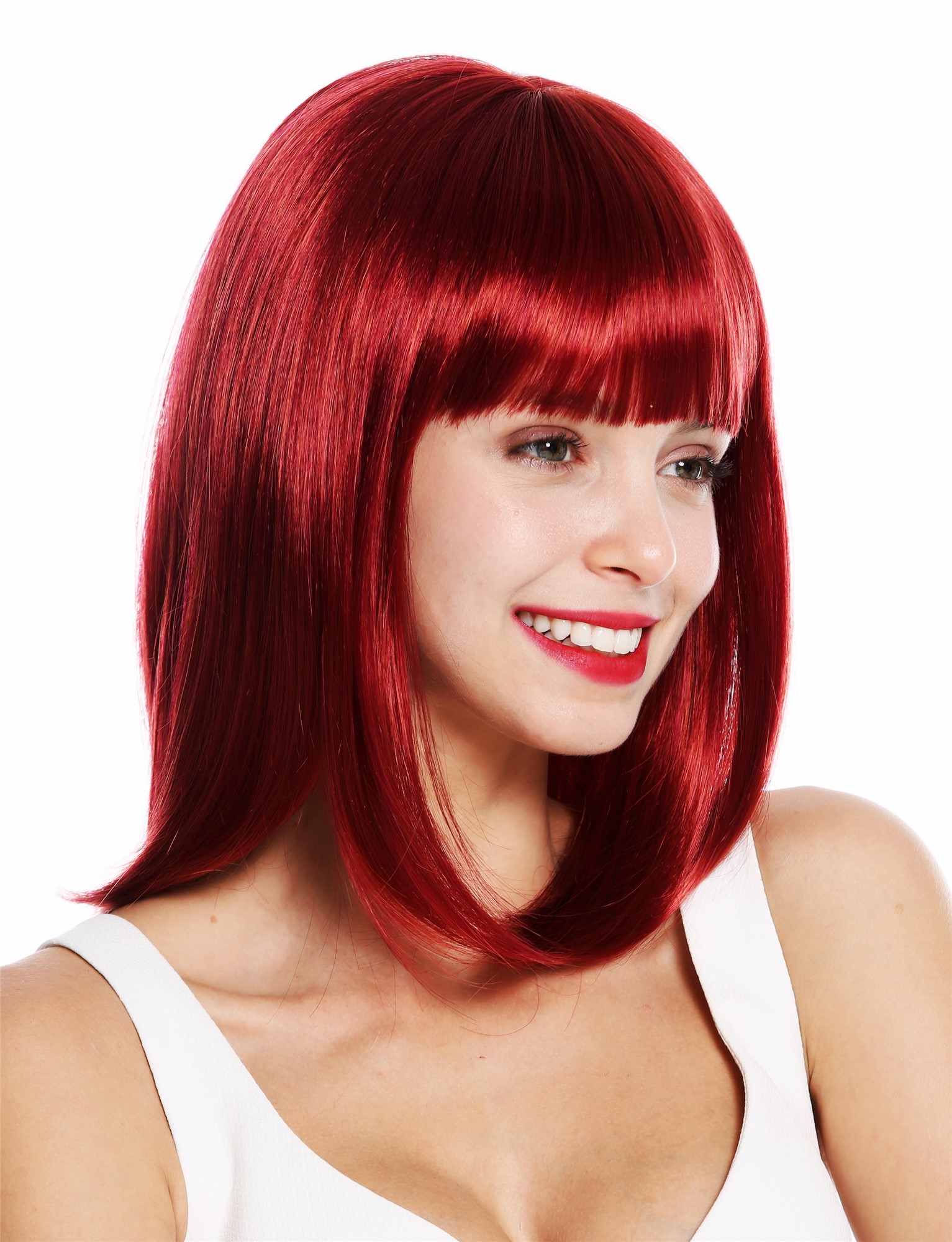 Women's wig shoulder length sleek straight longbob bangs fringe bright red VK-49, view 2, WIG ME UP: Your Perücken Online Shop Quality Wigs, Ladies, garnet red, straight, shoulder-length