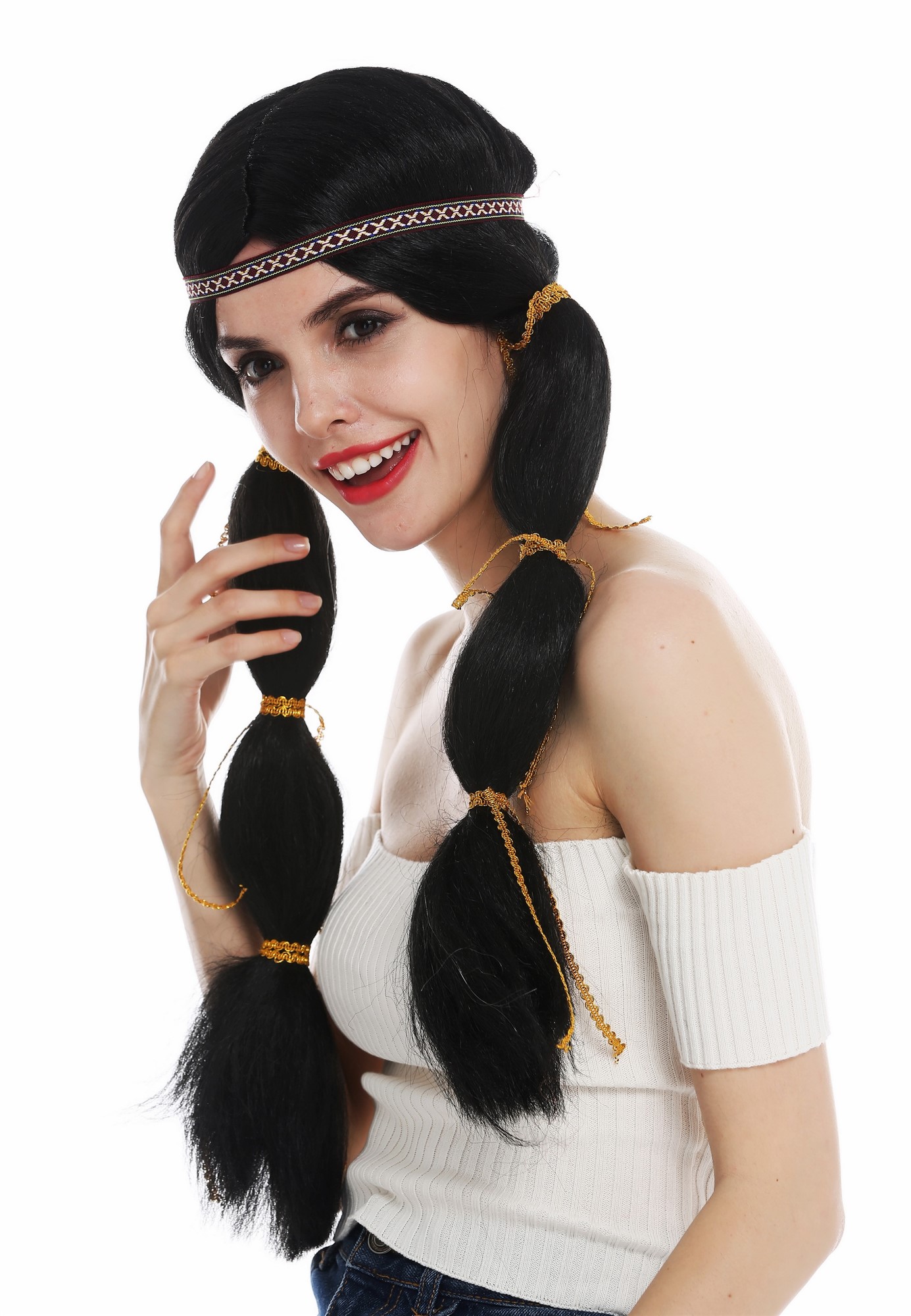 Women's wig lady long Native American Wild West braids black head band SARL087, view 3, WIG ME UP: Your Perücken Online Shop Party Wig, Ladies, pitch black, straight, long
