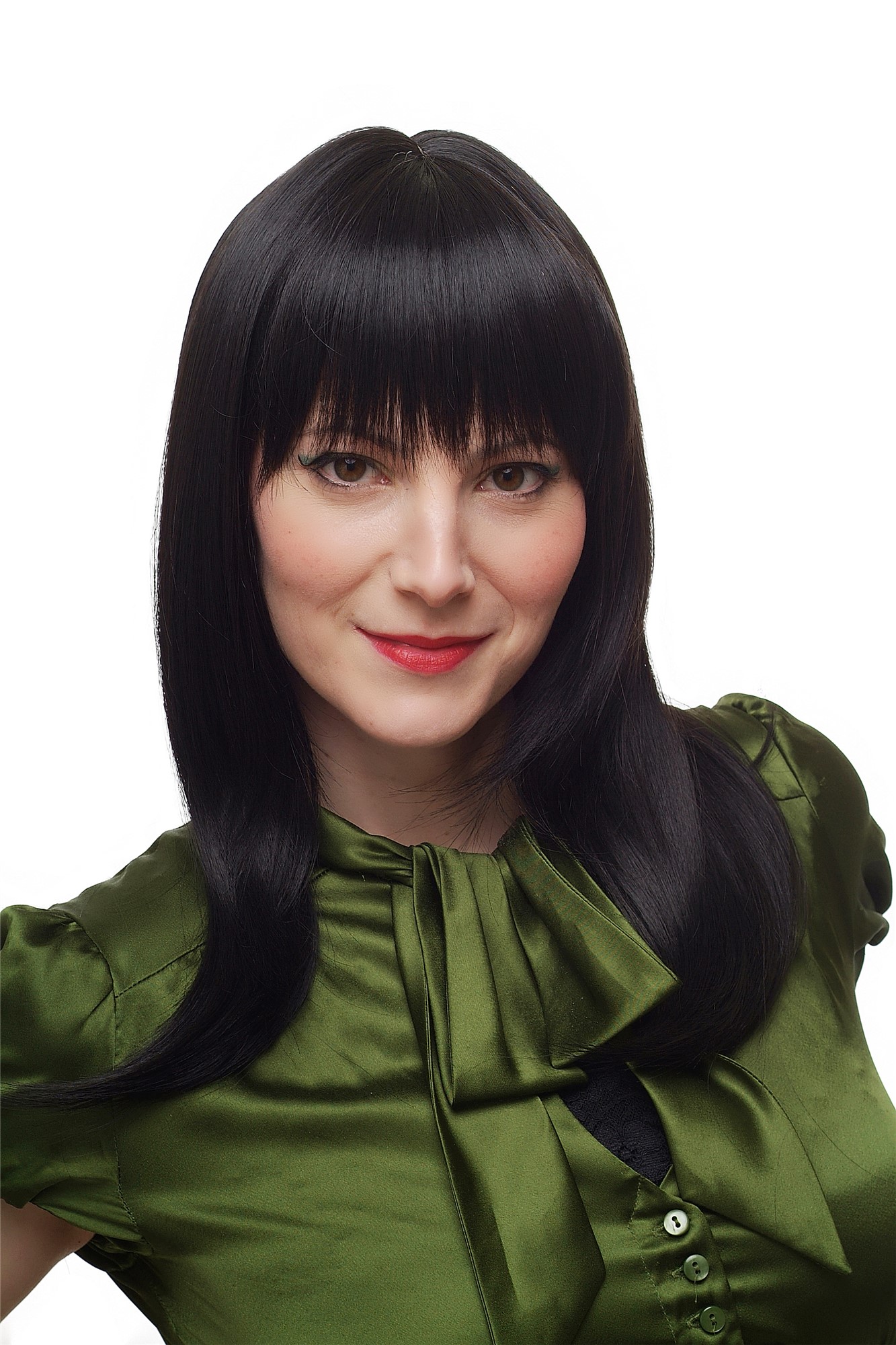 hochwertige Qualitätsperücken, Frauen Perücke schwarz halblang glatt fallend kesser Pony 3112-2, Vorderansicht, WIG ME UP: Ihr Perücken Online Shop glatte Tressen-Perücke mit Kopfhaut-Imitat Schwarzbraun schulterlange Haare für Damen