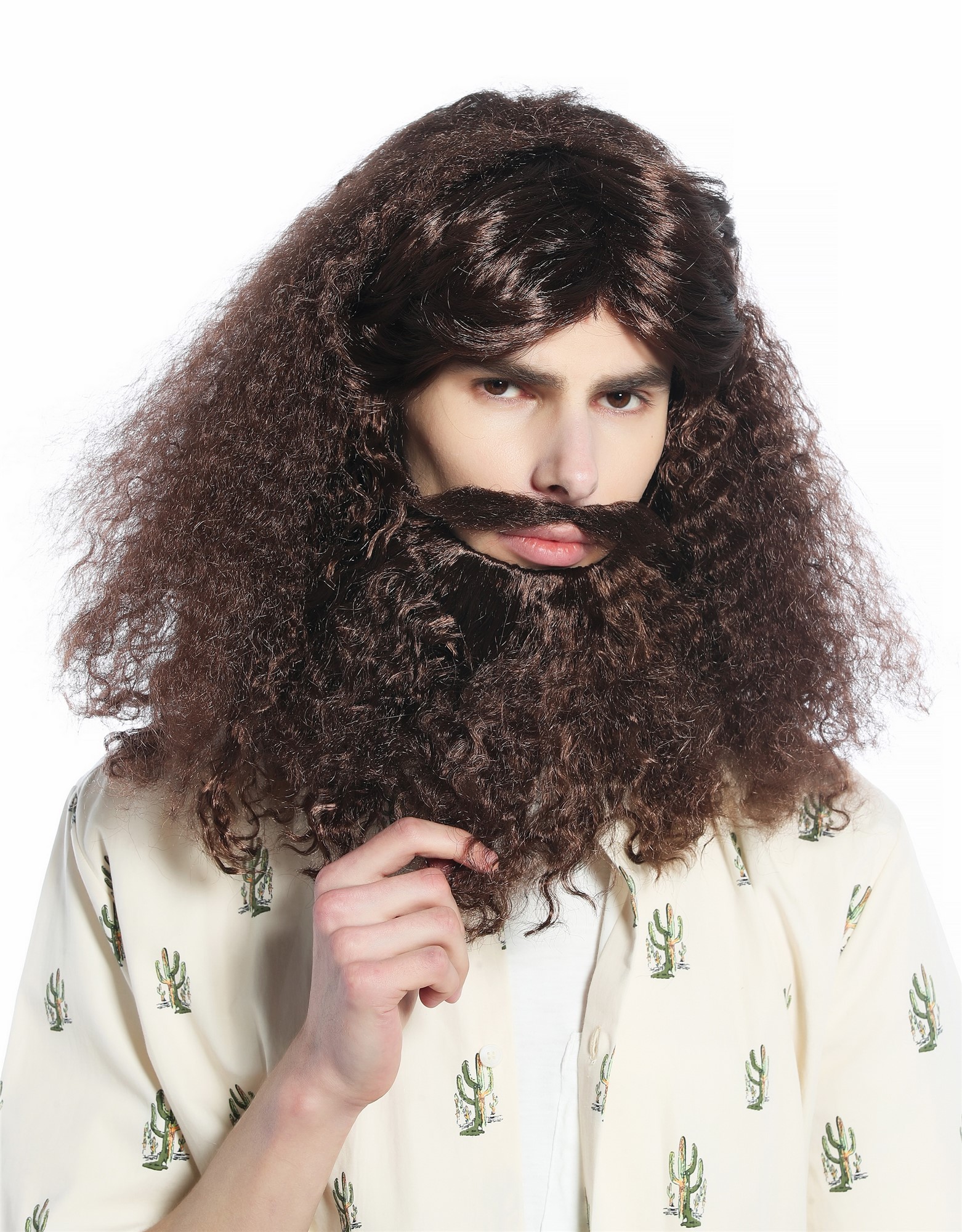 Wig Beard Set Halloween Carnival long curled brown Guru Hippie Hipster 210331, front view, WIG ME UP: Your Perücken Online Shop Party Wig, Men, medium brown, curled, shoulder-length