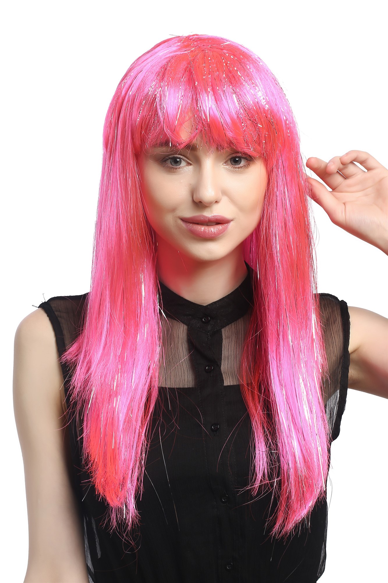 XR-003-PC5 Lady Party Wig Halloween long straight bangs streaked with silver tinsel strands pink, front view, WIG ME UP: Your Perücken Online Shop Party Wig, Ladies, Pink, straight, long