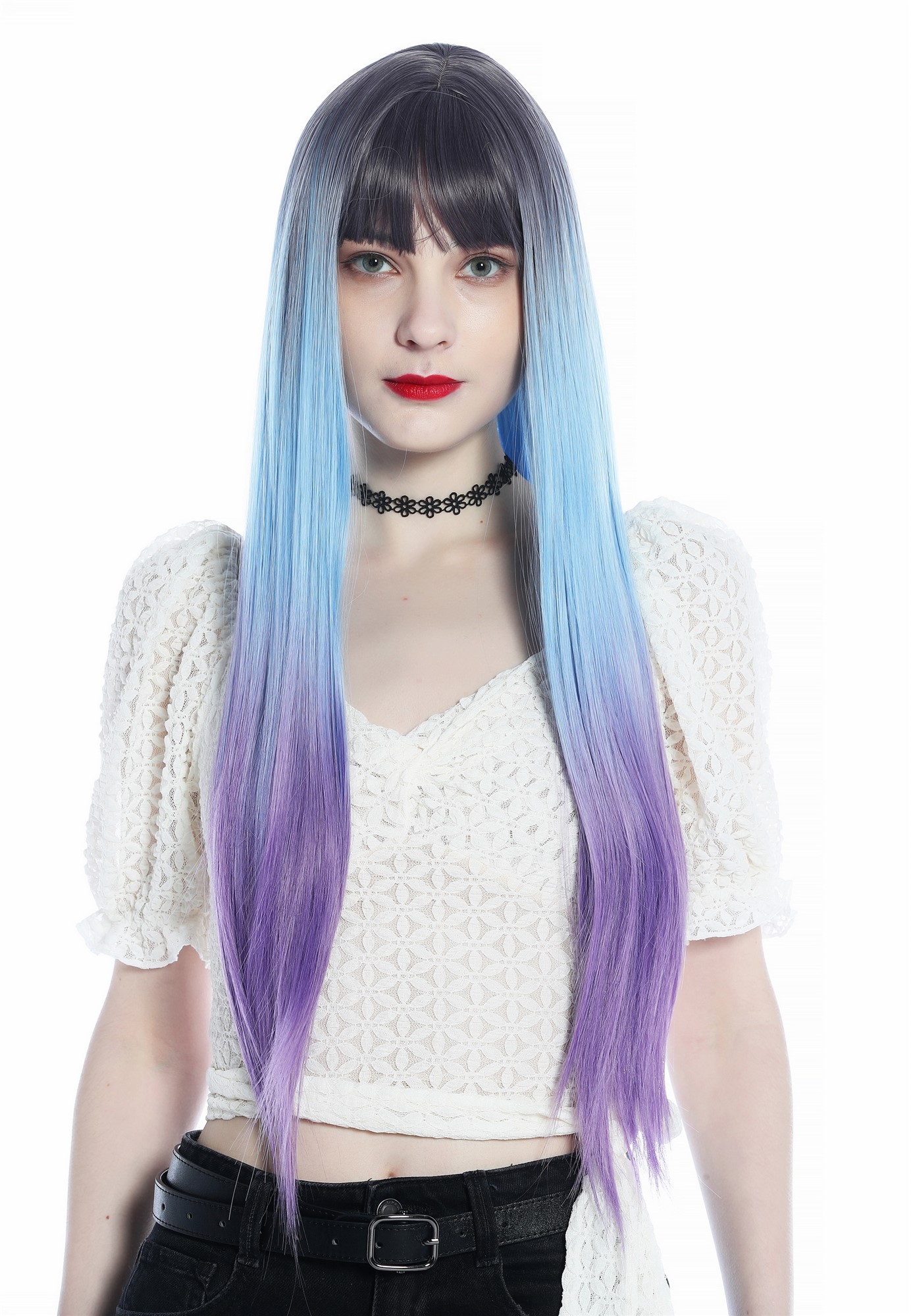 hochwertige Qualitätsperücken, Perücke lang glatt Pony Ombre Violett Hellblau Lila SZL0810B-T-002, Vorderansicht, WIG ME UP: Ihr Perücken Online Shop glatte Tressen-Perücke mit Kopfhaut-Imitat Grauviolett-Hellblau-Verlauf zu Lila lange Haare für Damen