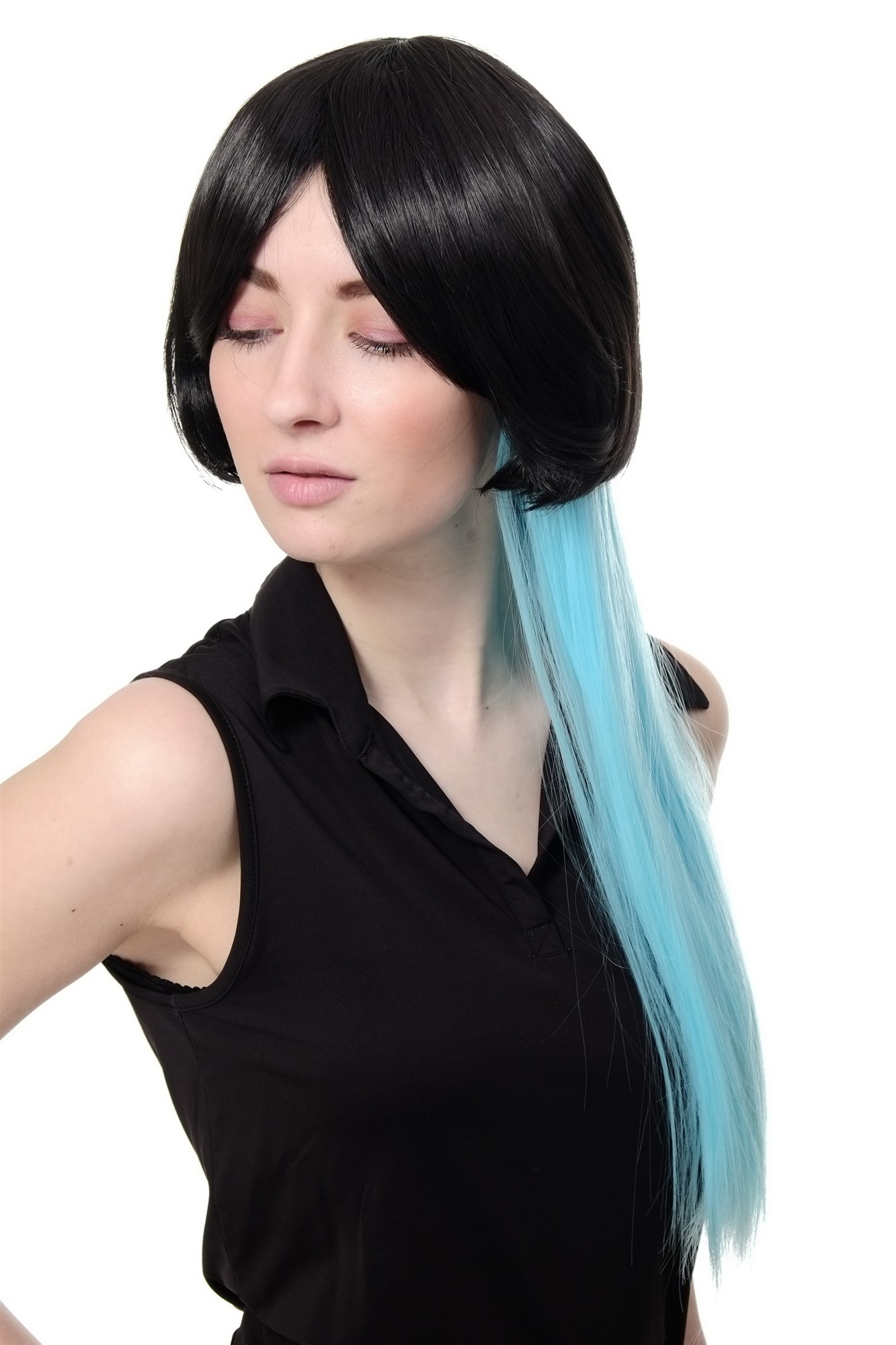 hochwertige Qualitätsperücken, Perücke Cosplay schwarz Bob Zopf cyan SA074-2HTF2513, Ansicht 2, WIG ME UP: Ihr Perücken Online Shop glatte Tressen-Perücke mit Kopfhaut-Imitat Schwarz-Hellblau lange Haare für Damen