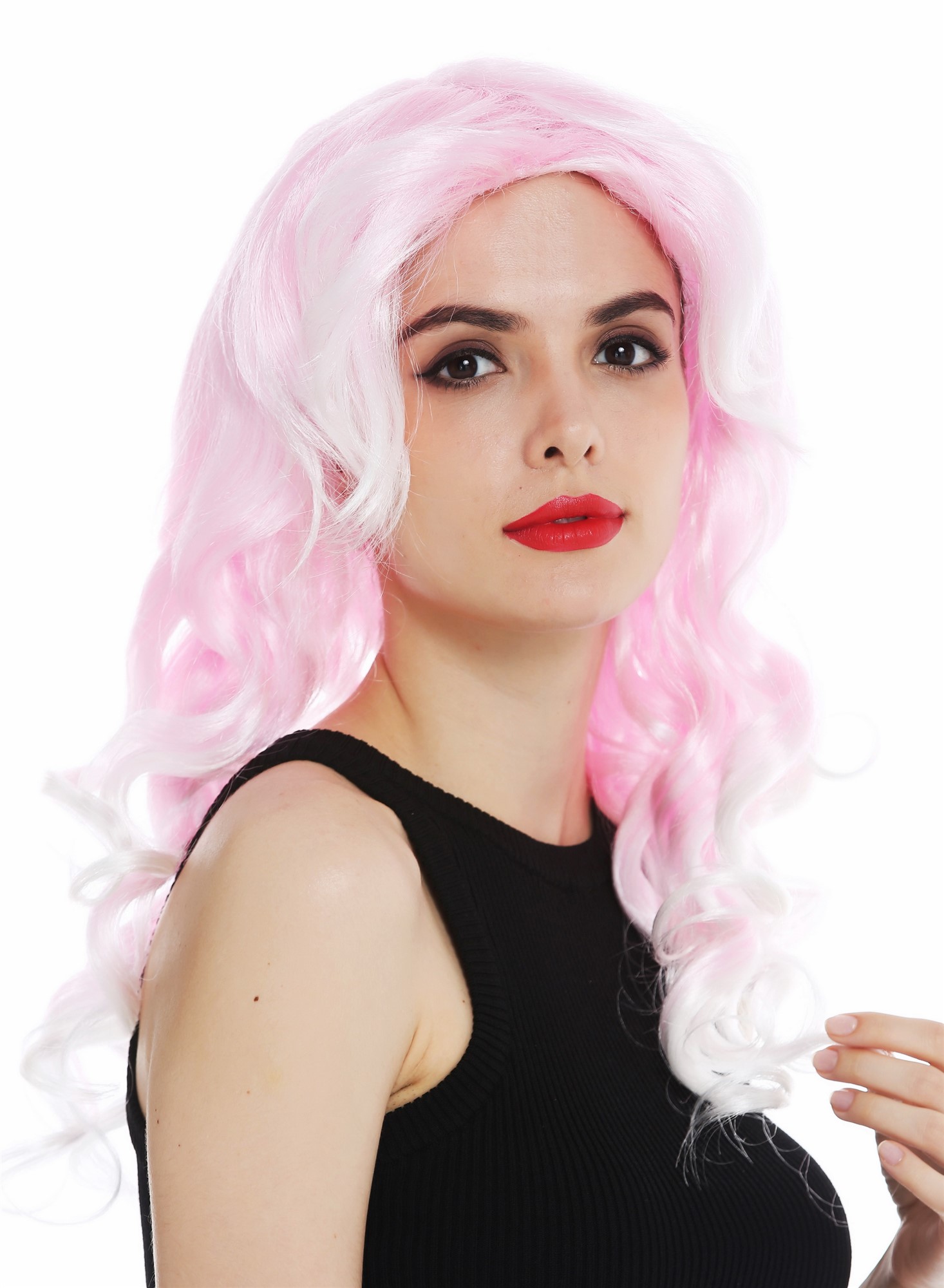 günstige Party Perücke, Perücke Diva lang Korkenzieher-Locken Hell-Rosa 06053-FR28-T68, Ansicht 5, WIG ME UP: Ihr Perücken Online Shop lockige Party Perücke Hellrosa-Weiß-Mix schulterlange Haare für Damen