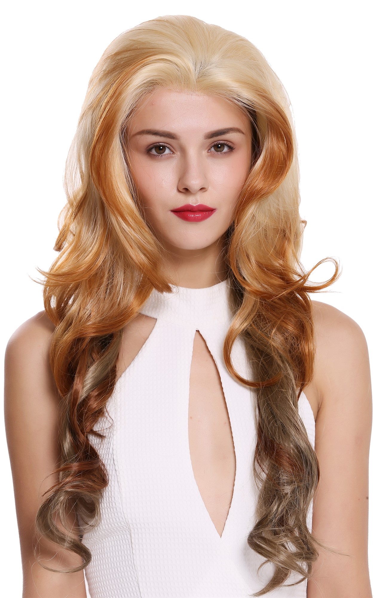 hochwertige Qualitätsperücken, Perücke Lang Gewellt Lace-Front Balayage Blond Braun Platin BIZ-B-LF-YG24BSP613/27/30/14, Vorderansicht, WIG ME UP: Ihr Perücken Online Shop lockige Tressen-Perücke Goldblond-Platinblond-Erdbeerblond-Kupferbraun-Hellbraun-Mix lange Haare für Damen