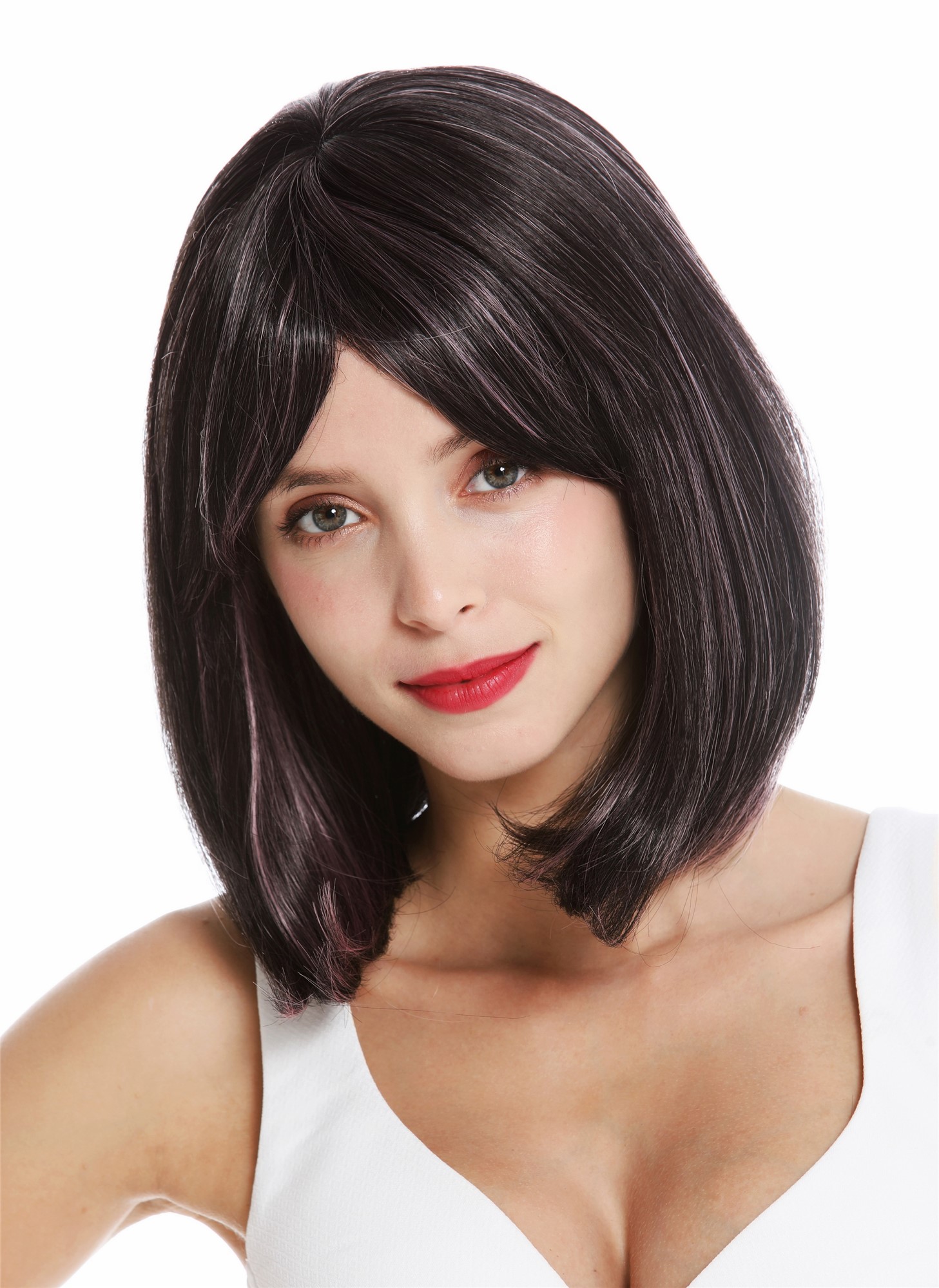 hochwertige Qualitätsperücken, Perücke schulterlang Longbob Balayage schwarz rosa Strähnen VK-3-2HT2311, Vorderansicht, WIG ME UP: Ihr Perücken Online Shop glatte Tressen-Perücke mit Kopfhaut-Imitat Schwarz-Rosa-Mix schulterlange Haare für Damen