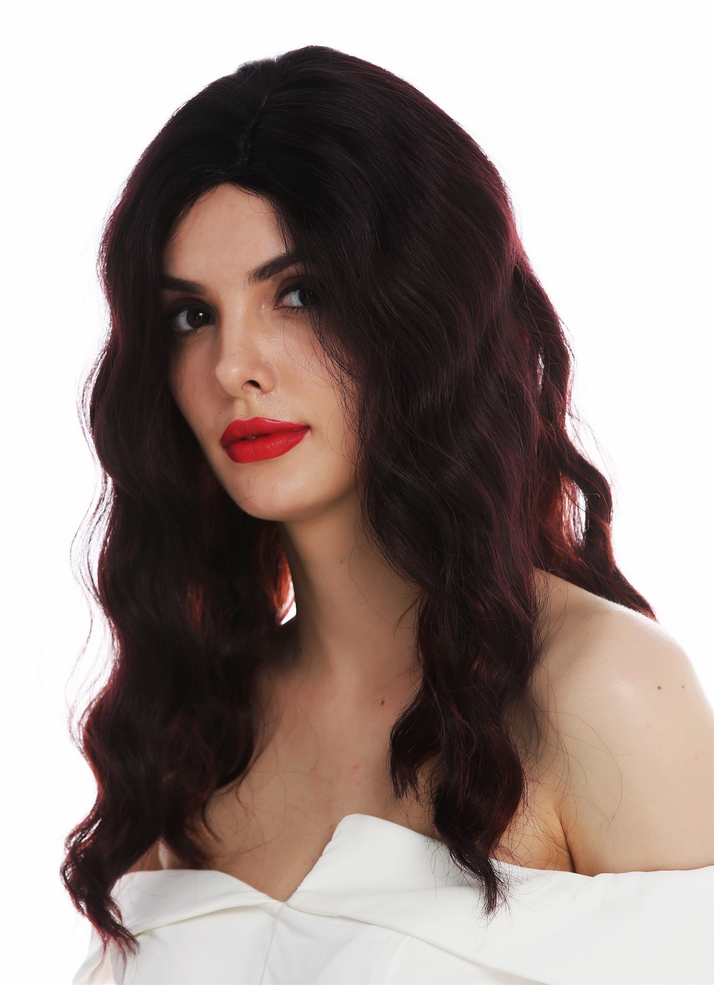hochwertige Qualitätsperücken, Perücke lang Scheitel edel wellig gewellt Schwarz Rot gesträhnt Hollywood Diva VK-58-OMFIRERED, Vorderansicht, WIG ME UP: Ihr Perücken Online Shop wellige Tressen-Perücke mit Kopfhaut-Imitat Schwarz-Rot-Mix schulterlange Haare für Damen