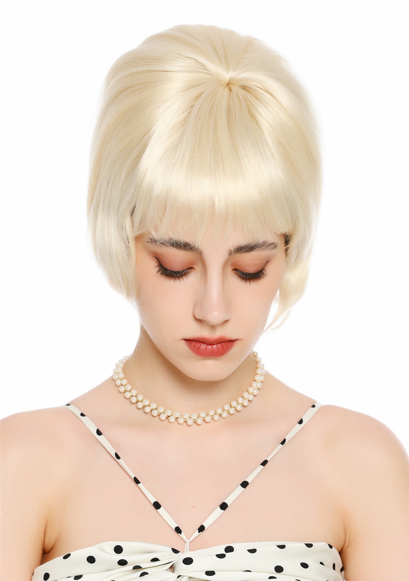 Perücke Damen Retro Vintage 50er 60er Beehive Turmfrisur hochtoupiert kurz Pony Hellblond Platinblond VK-71-613