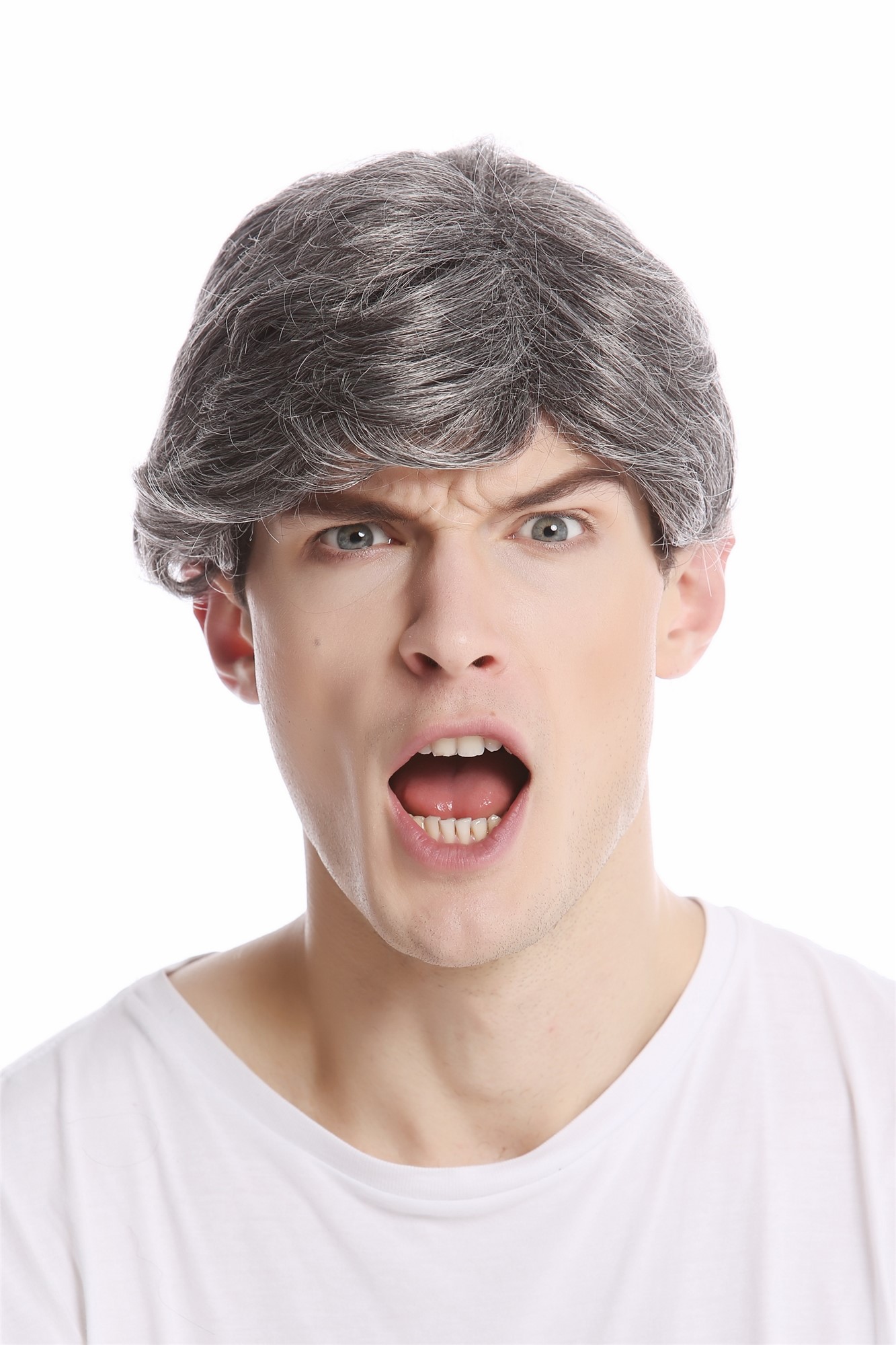 GFW355A-44 Men Gents Wig short casual youthful modern look dark grey gray, front view, WIG ME UP: Your Perücken Online Shop Quality Wigs, Men, dark brown-gray mix, wavy, short