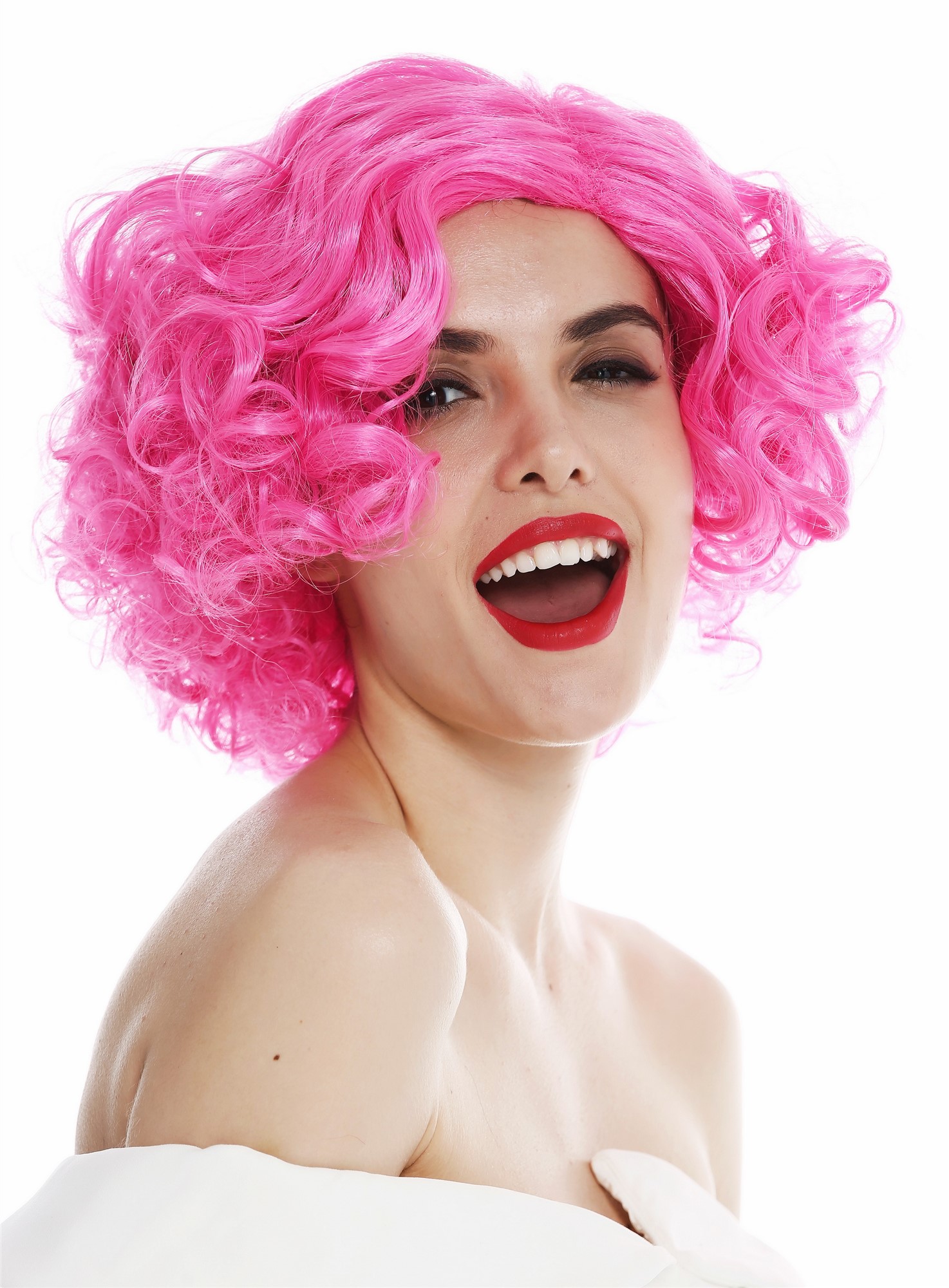 Women's wig Halloween short middle parting curls curly pink rose 20's 30's 1352, front view, WIG ME UP: Your Perücken Online Shop Party Wig, Ladies, neon pink, curled, short