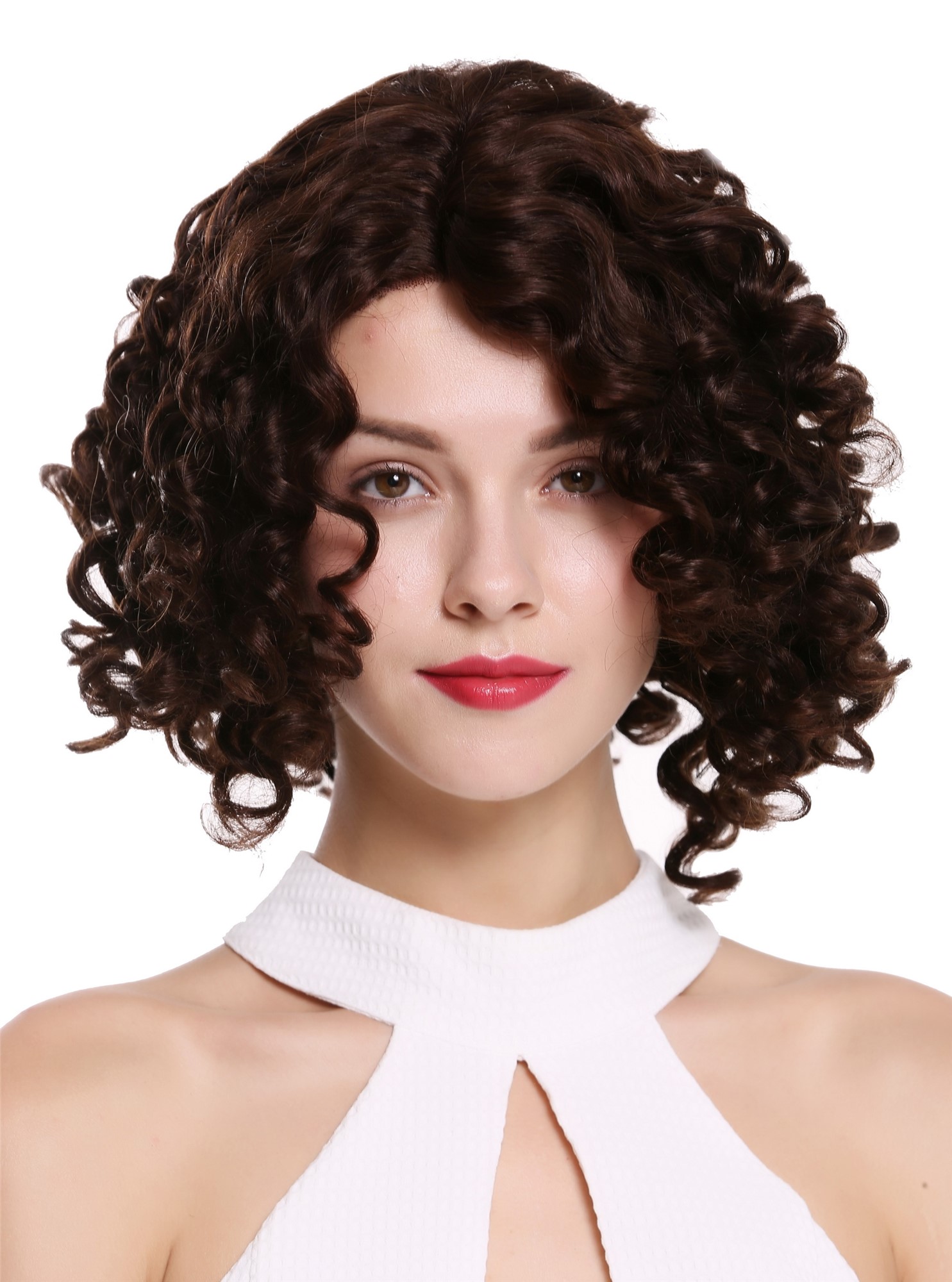 hochwertige Qualitätsperücken, Perücke Echthaar Lace Mono Locken Scheitel Schwarzbraun UR-018-HH-MF-2, Vorderansicht, WIG ME UP: Ihr Perücken Online Shop lockige Tressen-Perücke mit Front-Lace 100% Echthaar Dunkelbraun schulterlange Haare für Damen