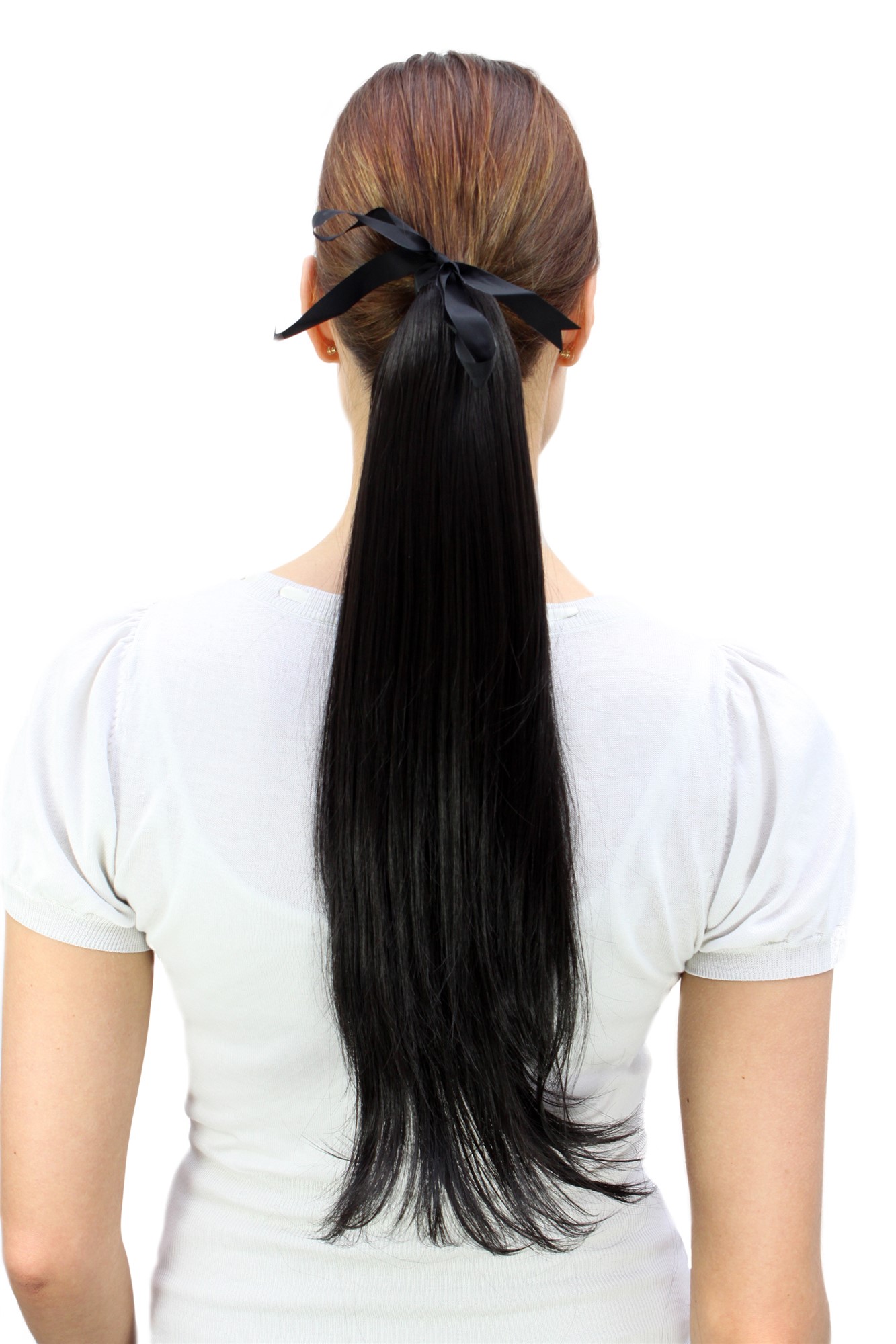 hochwertiges Haarteil schwarz Bändchen + Klammer glatt fallendes Haar C9427-2, Vorderansicht, WIG ME UP: Ihr Perücken Online Shop glattes Zopf-Haarteil Schwarzbraun 50 cm lang