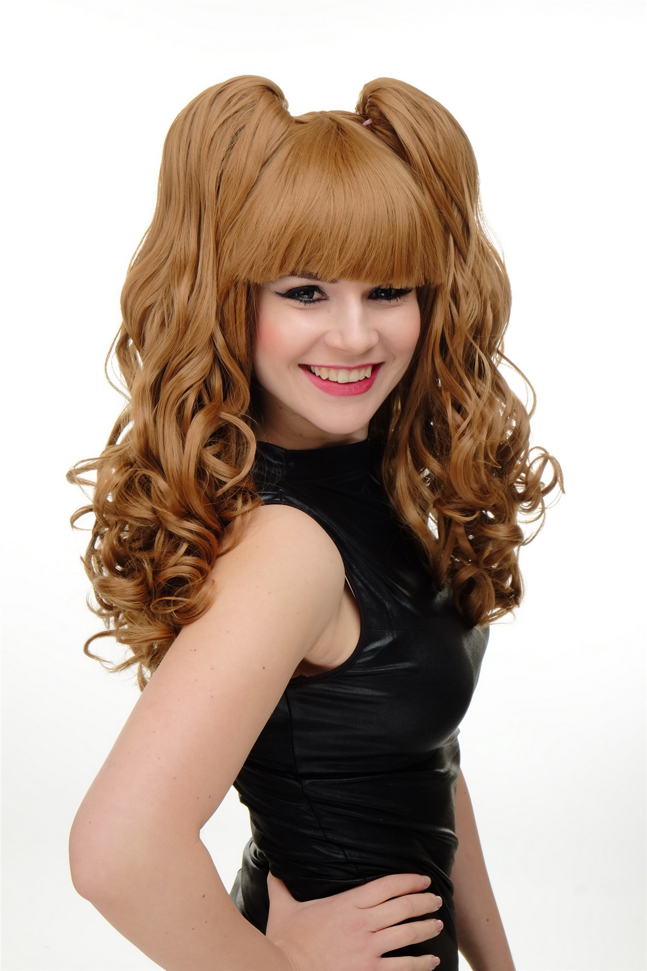 Lady Cosplay Wig 2 ponytails pigtails curled bangs ringlets red blond YZF-7080L, front view, WIG ME UP: Your Perücken Online Shop Quality Wigs, Ladies, strawberry blonde, curled, shoulder-length