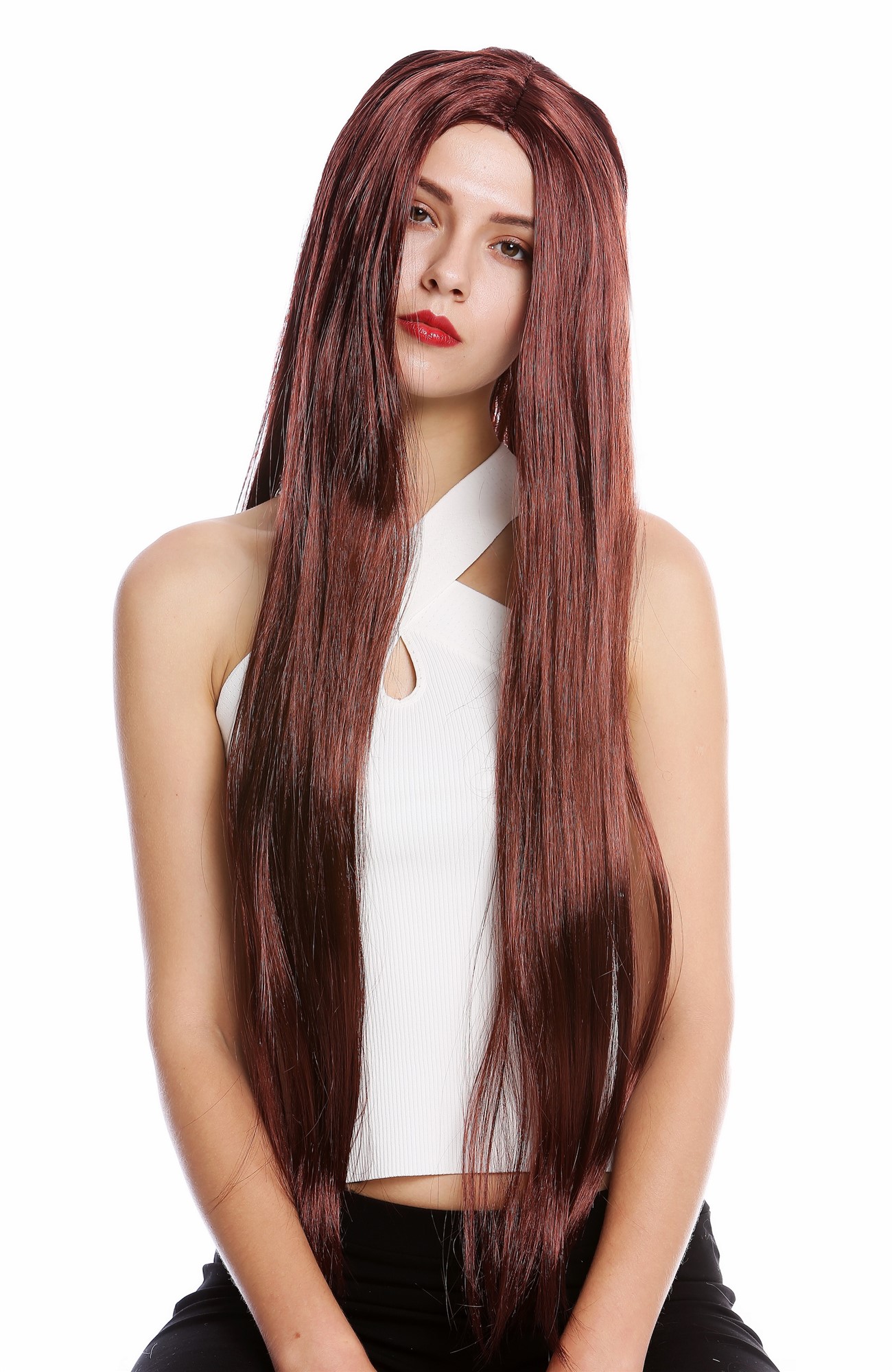 Lady Man Halloween wig extremely long straight middle parting auburn brown TH46, front view, WIG ME UP: Your Perücken Online Shop Party Wig, Unisex, Brown, straight, very long