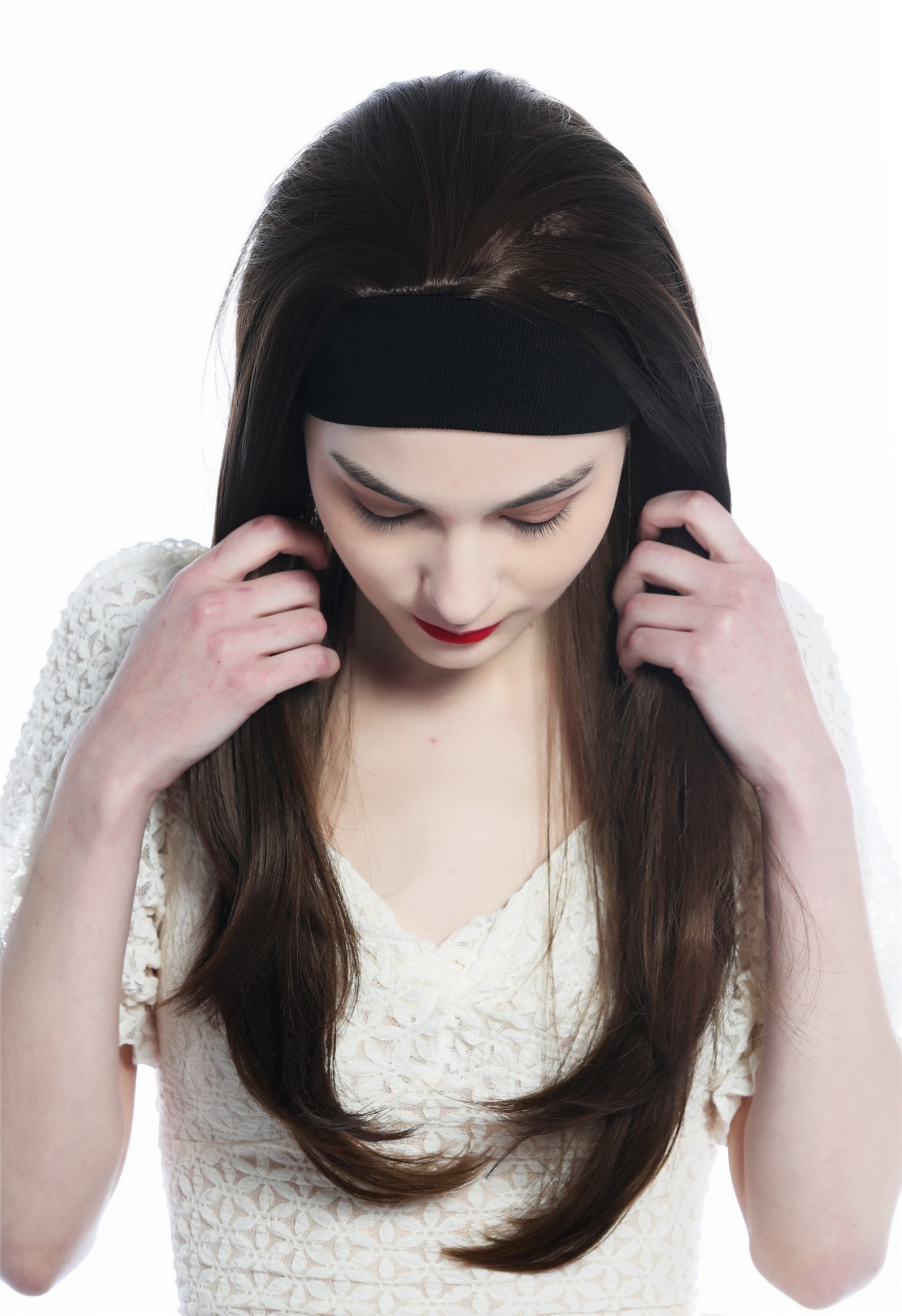 hochwertige Qualitätsperücken, Perücke Halbperücke Stirnband lang glatt braun aschbraun H9306-8, Ansicht 5, WIG ME UP: Ihr Perücken Online Shop glatte Tressen-Perücke mit Stirnband Mittelbraun lange Haare für Damen