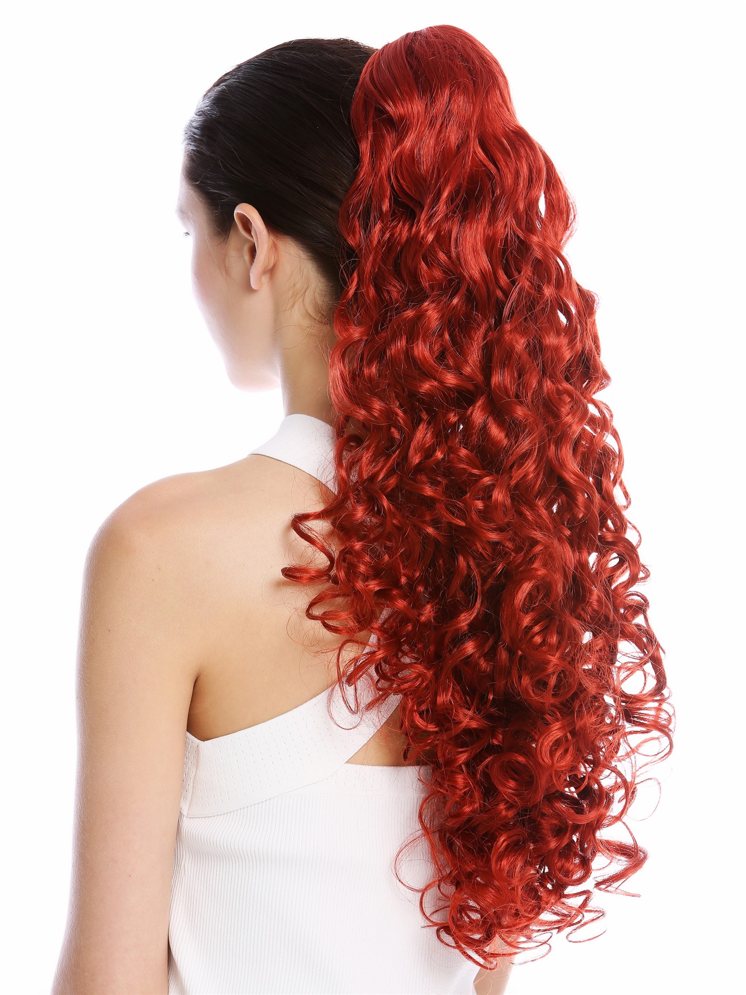 Ponytail Hairpiece Combs & Clamp very long voluminous curled red 23" MKB-21, front view, WIG ME UP: Your Perücken Online Shop Ponytails, fire red, wavy, long