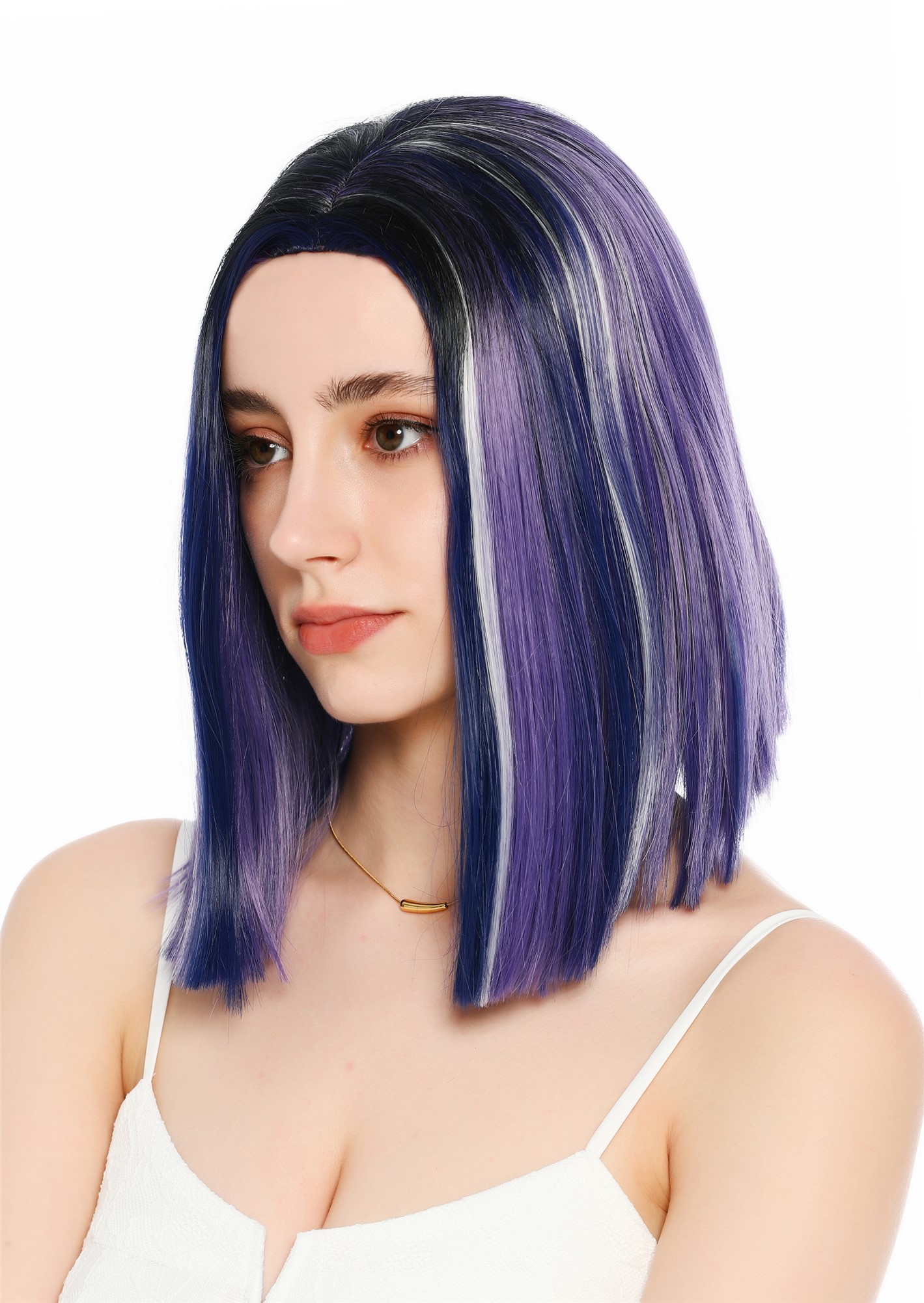 Perücke Damen schulterlang Longbob glatt Lila Schwarz Weiß Blau Gesträhnt Mittelscheitelt GFW4029S-G597