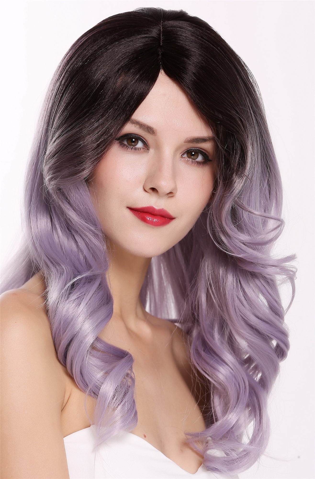 hochwertige Qualitätsperücken, Perücke Lang Wellig Dunkelbraun Lila Grau Mix Ombre RGF-5904LD-T4/GRAY, Ansicht 2, WIG ME UP: Ihr Perücken Online Shop wellige Tressen-Perücke mit Kopfhaut-Imitat Dunkelbraun Lila Grau Mix lange Haare für Damen