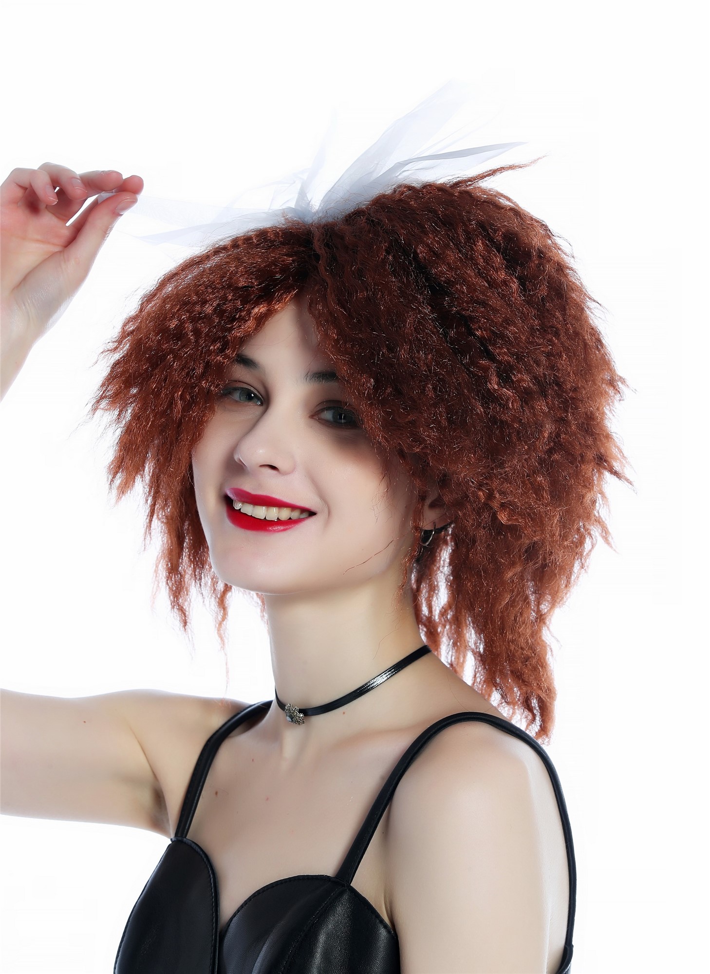 günstige Party Perücke, Perücke Braun gekreppt Krepplocken wild voluminös 80er Jahre Schleife 91874-P33A, Ansicht 5, WIG ME UP: Ihr Perücken Online Shop lockige Party Perücke Mahagoni schulterlange Haare für Damen