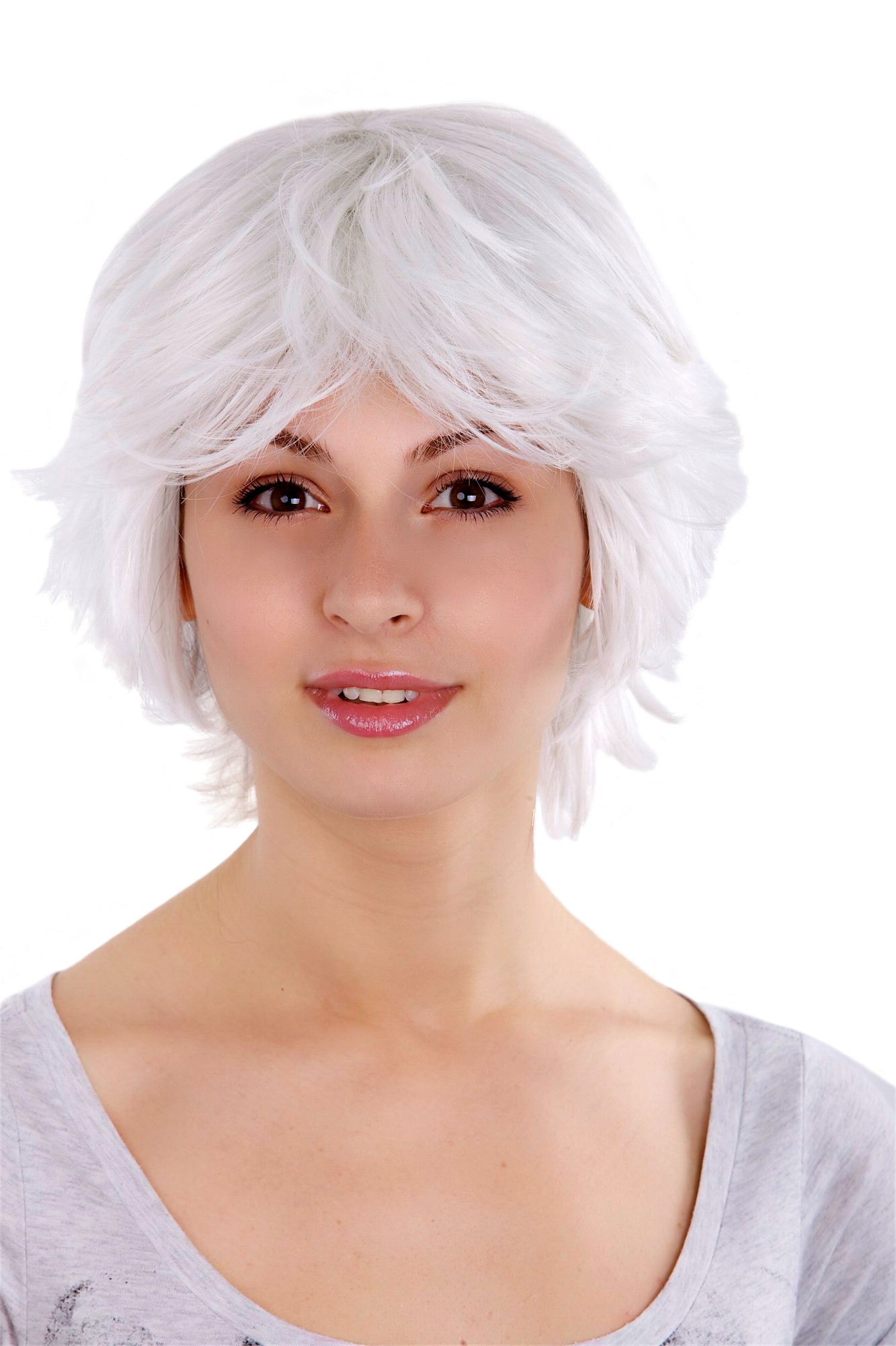 hochwertige Qualitätsperücken, Frauen Perücke Stufen-Bob weiß wilder peppiger Haarschnitt 1240-1001, Vorderansicht, WIG ME UP: Ihr Perücken Online Shop wellige Tressen-Perücke mit Kopfhaut-Imitat weiß kurze Haare für Damen