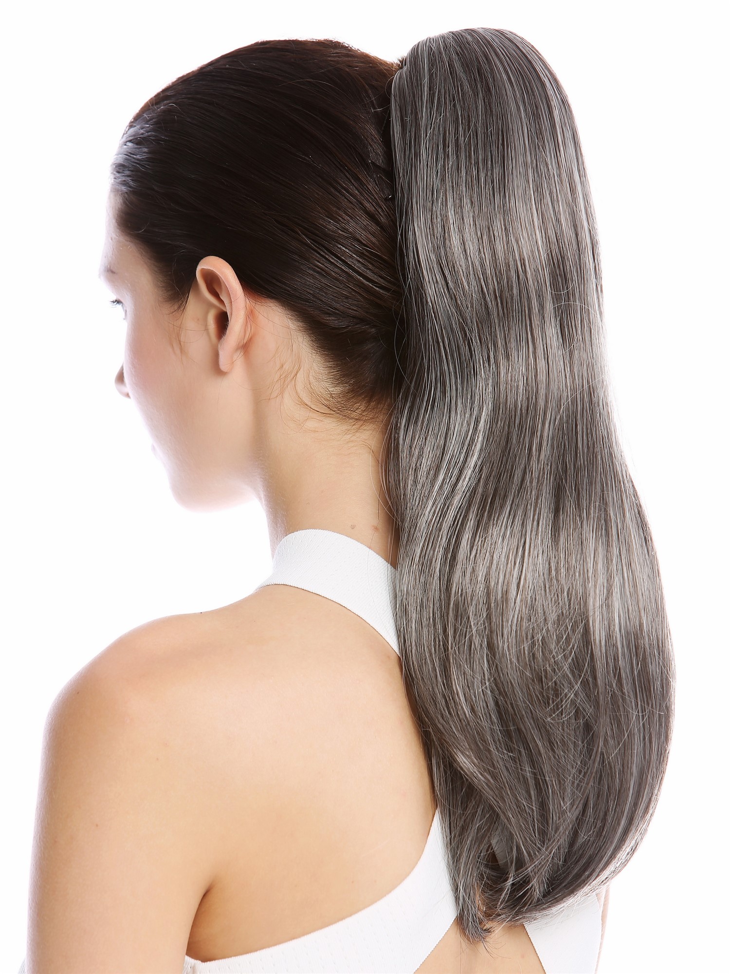 Ponytails, dark gray-black mix, straight, shoulder-length