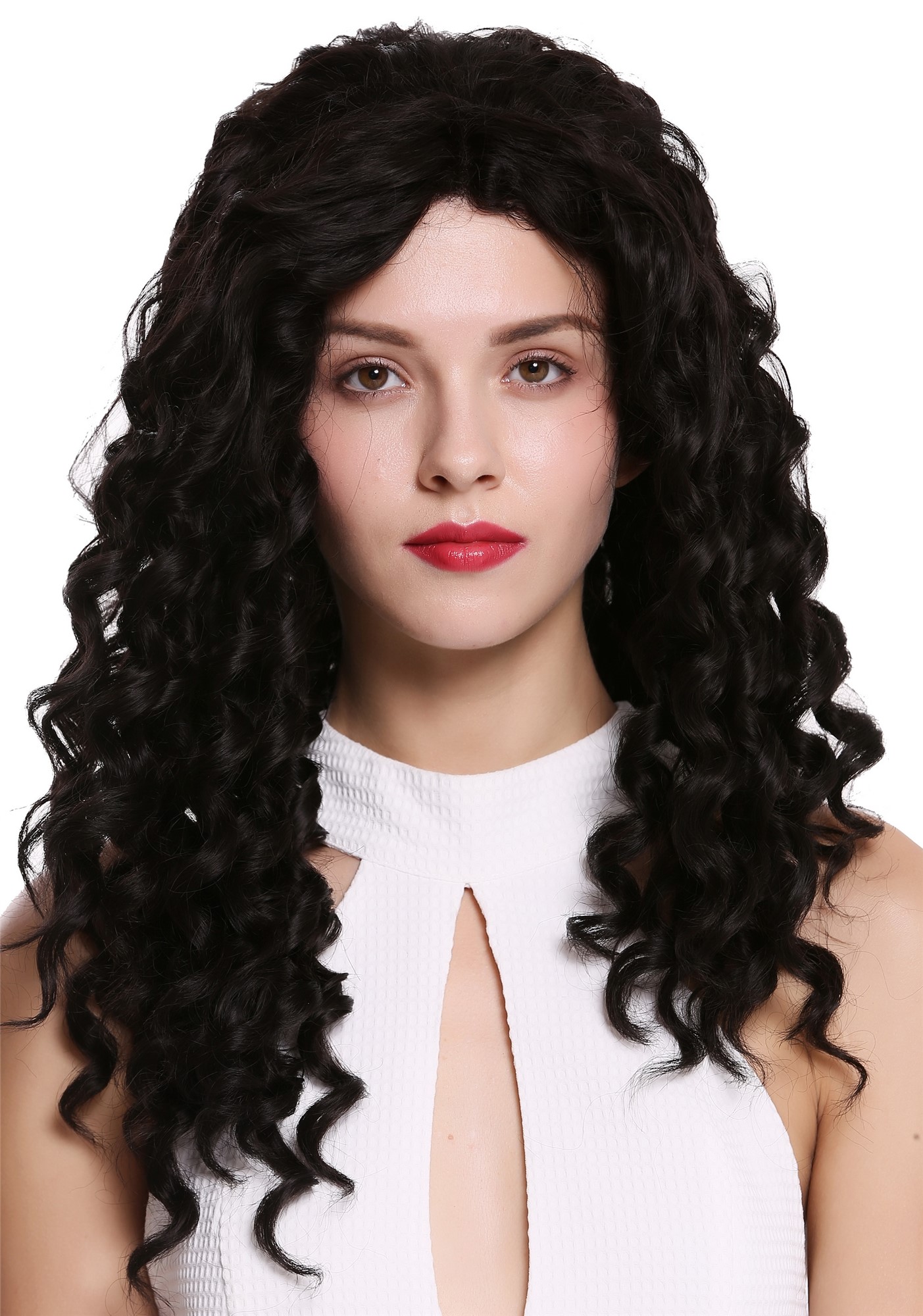 Lady wig lace front very long corkscrew curls ringlets curly black LS-016-LF, front view, WIG ME UP: Your Perücken Online Shop Quality Wigs, Ladies, Black, curled, long