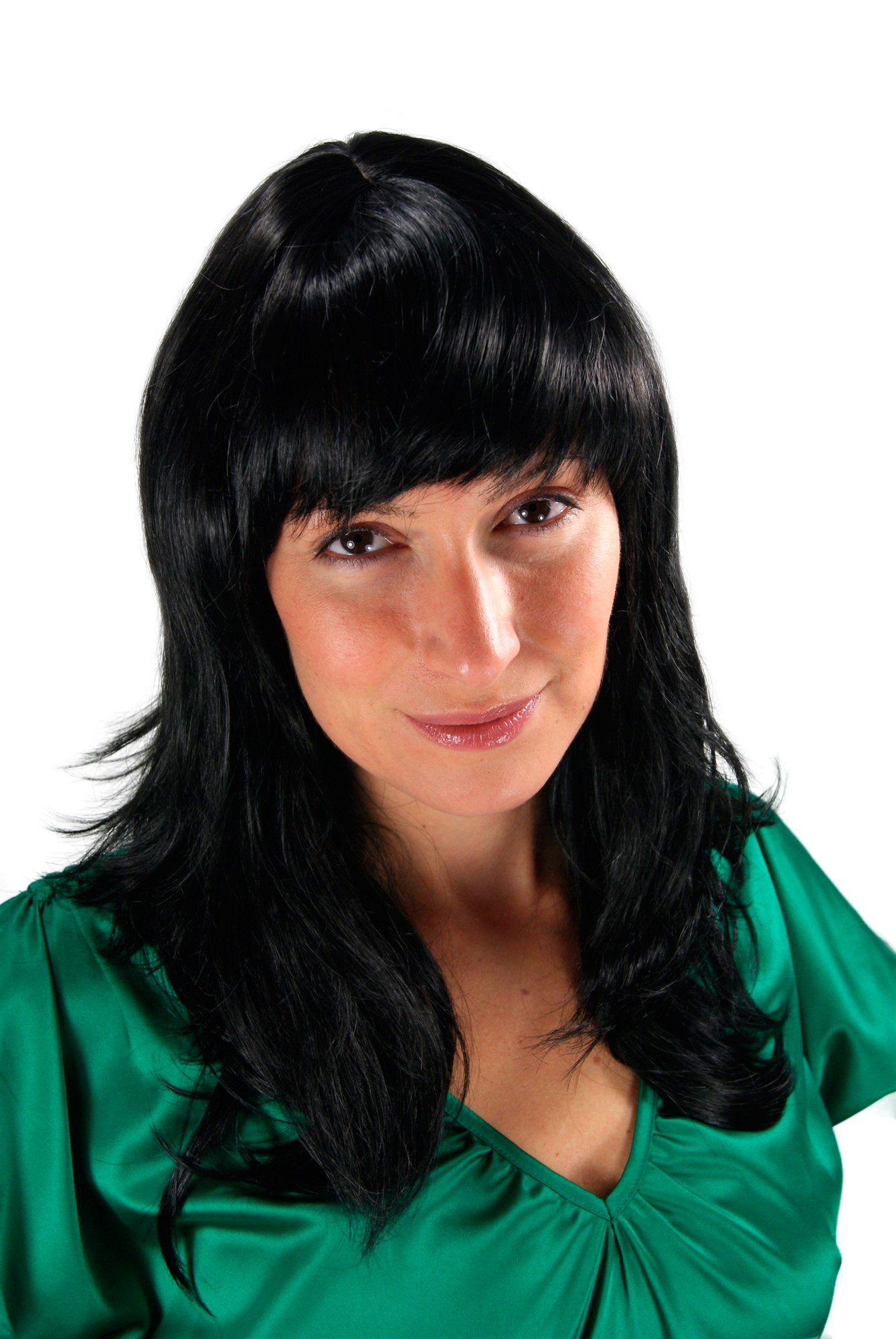Lady women wig fringe straight layered cut black medium length 50 cm 1548, front view, WIG ME UP: Your Perücken Online Shop Quality Wigs, Ladies, velvet black, wavy, long
