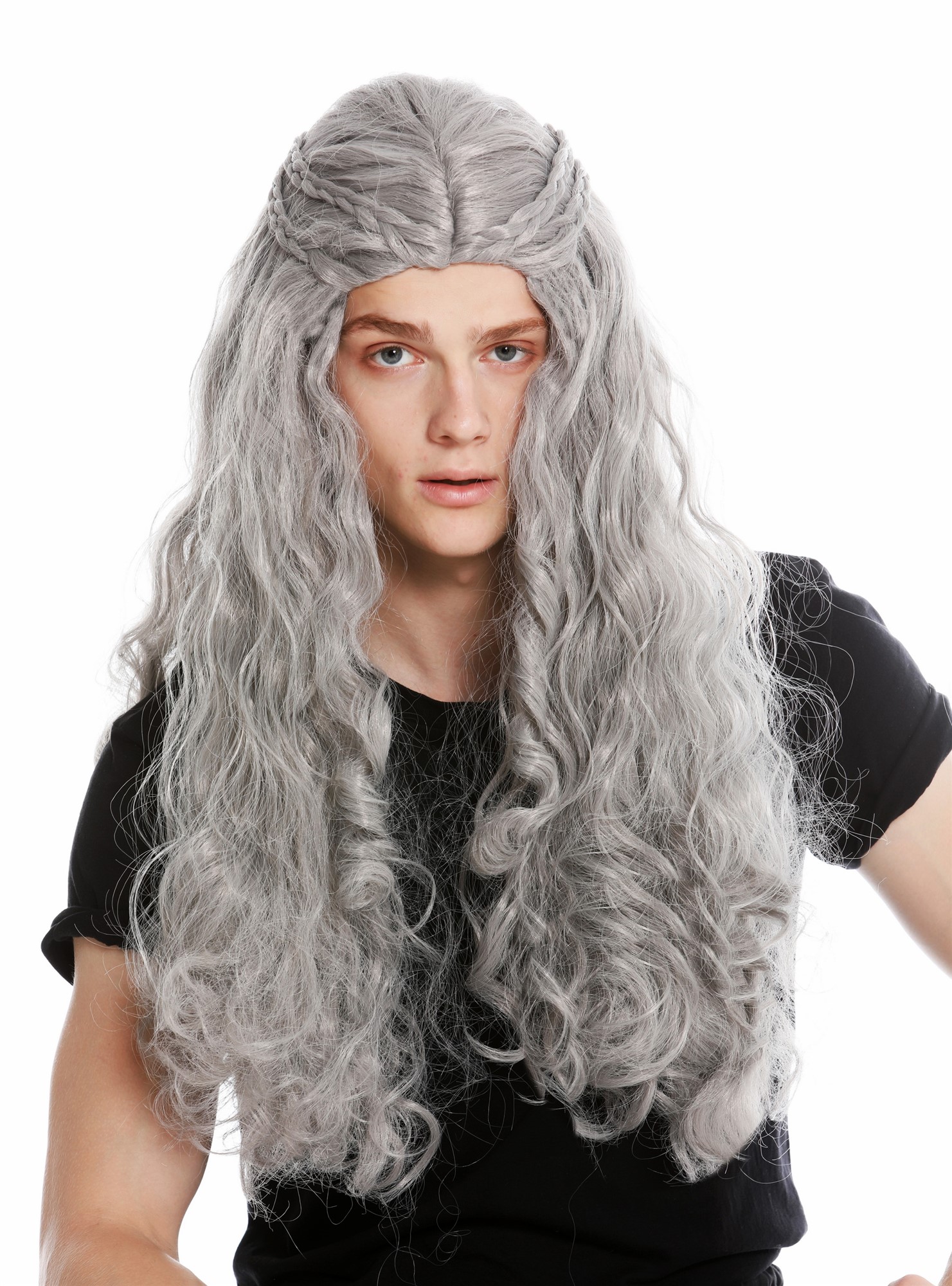 Party Wig, Unisex, matte gray, Braided, long