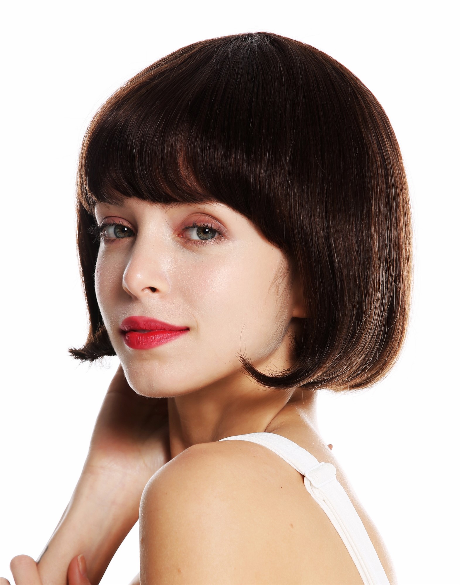 hochwertige Qualitätsperücken, Perücke Echthaar kurz Bob glatt Pony Braun VK-57-HH-6, Ansicht 3, WIG ME UP: Ihr Perücken Online Shop glatte Tressen-Perücke Echthaar Braun kurze Haare für Damen