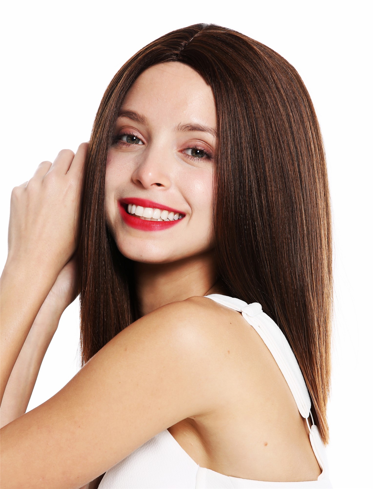 Women's wig shoulder length sleek blunt cut middle parting chestnut brown VK-51, view 3, WIG ME UP: Your Perücken Online Shop Quality Wigs, Ladies, brown mix, straight, shoulder-length