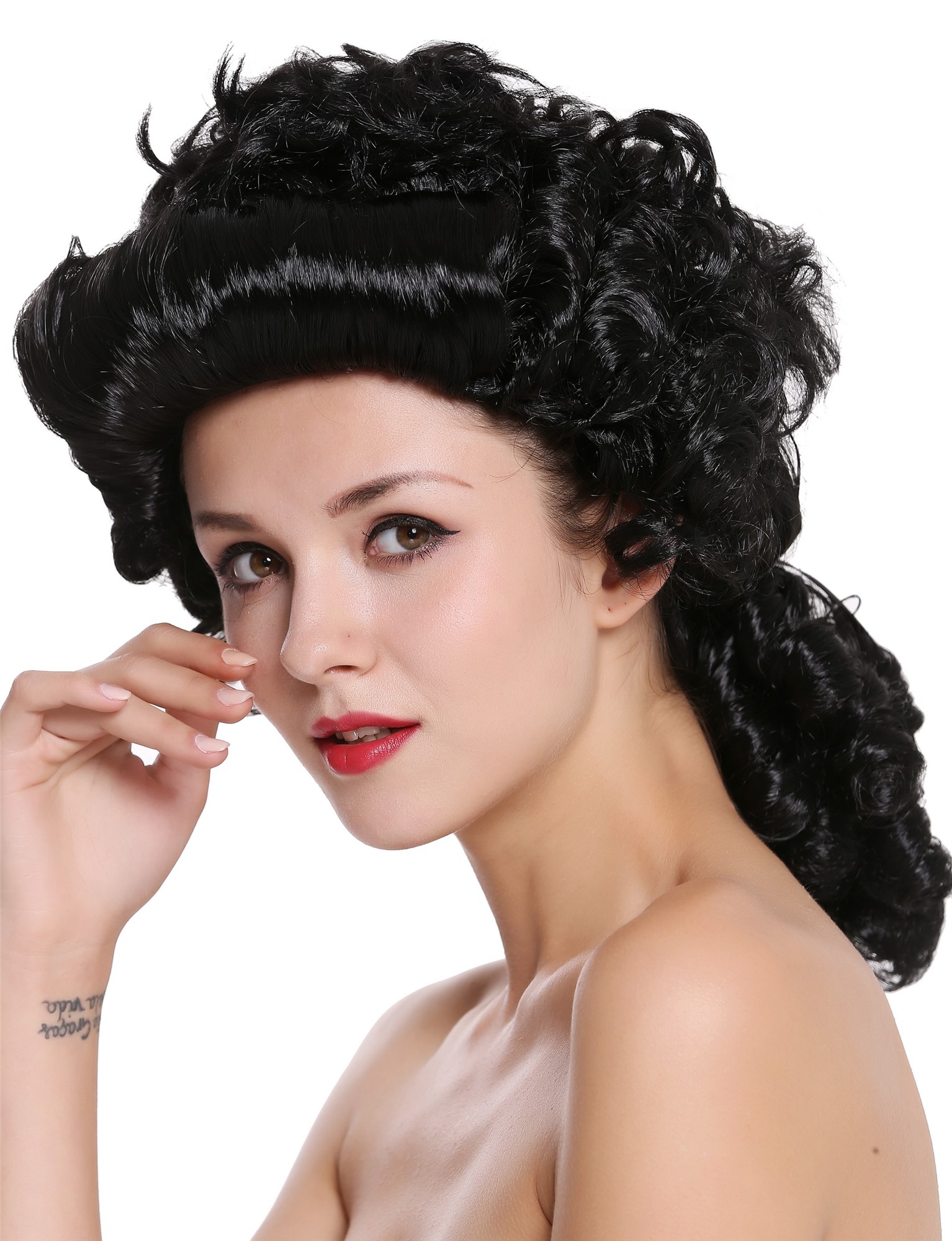 Man Lady Party Wig Baroque noble aristocrat lord curls long ponytail black 91019, view 4, WIG ME UP: Your Perücken Online Shop Party Wig, Men, Black, curled, shoulder-length