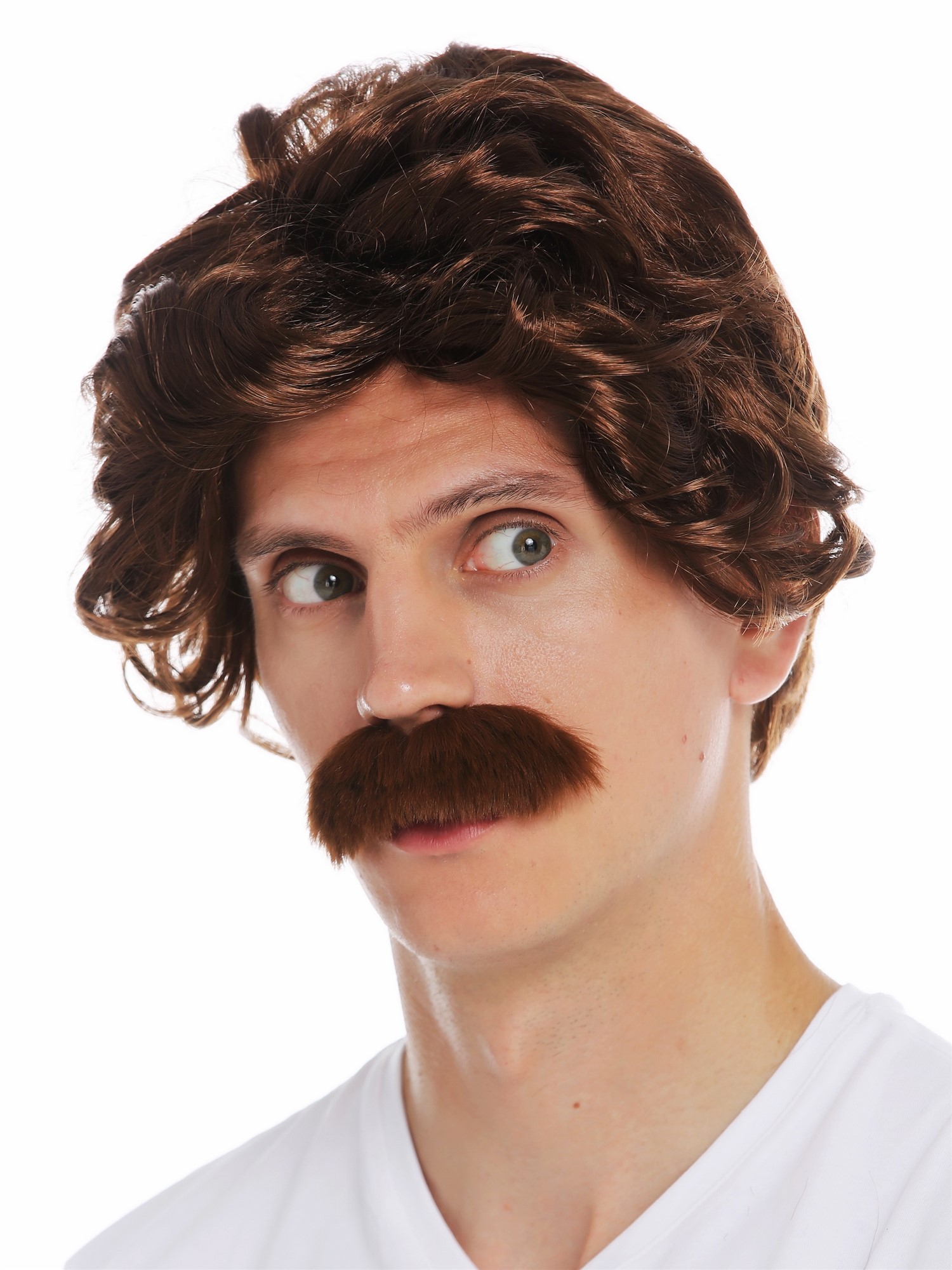 Wig Halloween men mustache 70's retro cop policeman grandpa reddish brown 7090, front view, WIG ME UP: Your Perücken Online Shop Party Wig, Men, mahogany brown, curled, short